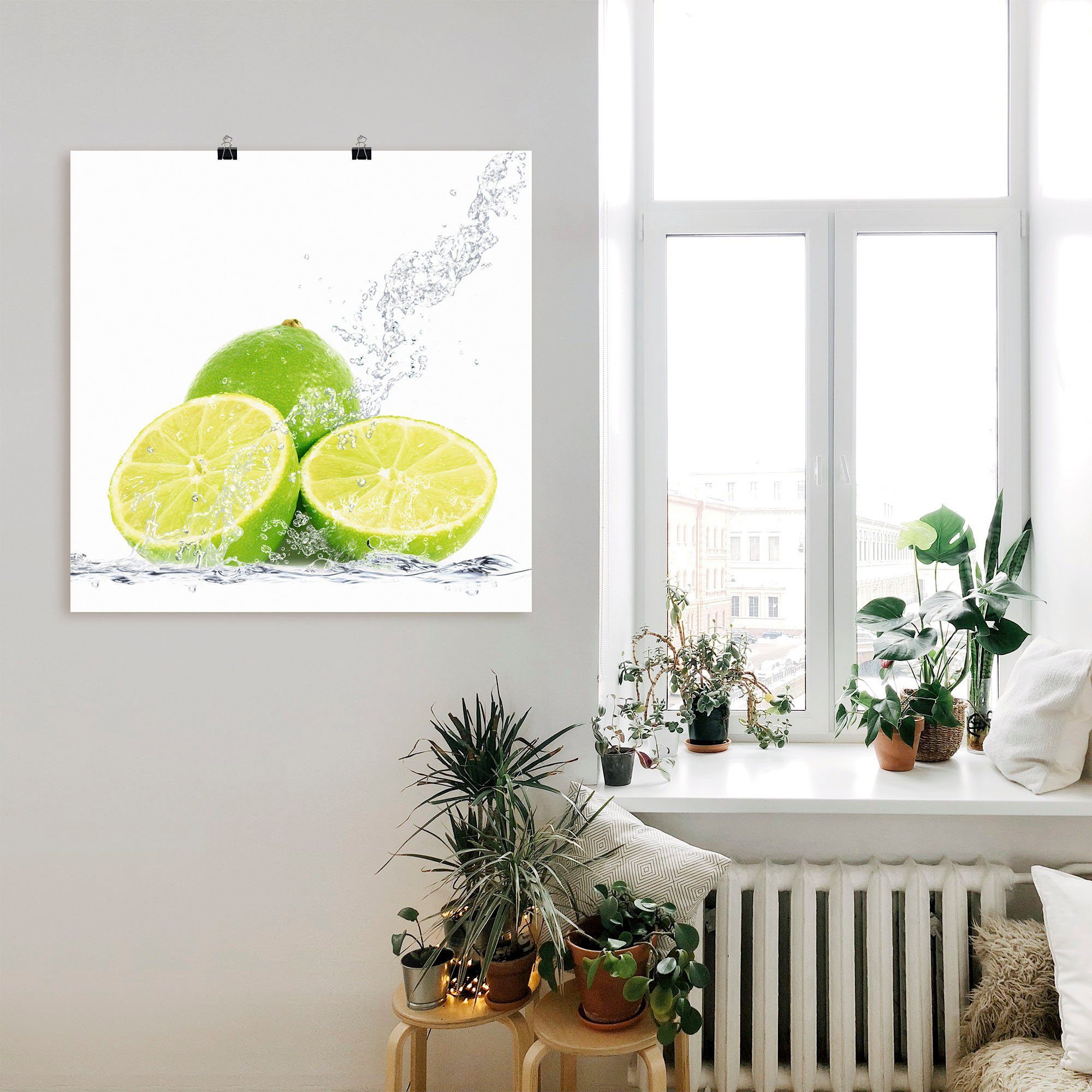 Limette (1 Alubild, Wandbild Artland Wandaufkleber St), Spritzwasser, Lebensmittel oder Größen als Poster mit Leinwandbild, versch. in