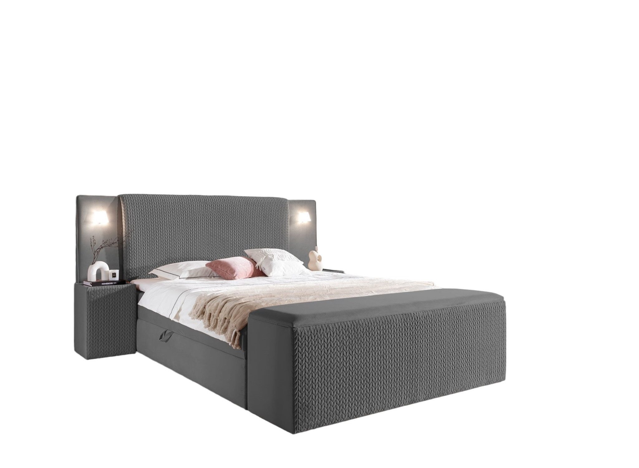 Fun Möbel Boxbett Bett MARTEN Überlänge in Stoff Magic Velvet Set.4 (inkl. Bettkästen und Kaltschaumtopper, inkl. Polsterhocker mit Stauraum und 2 x Nachttische), Ambiente-Beleuchtung mit Touch Funktion im Kopfteil
