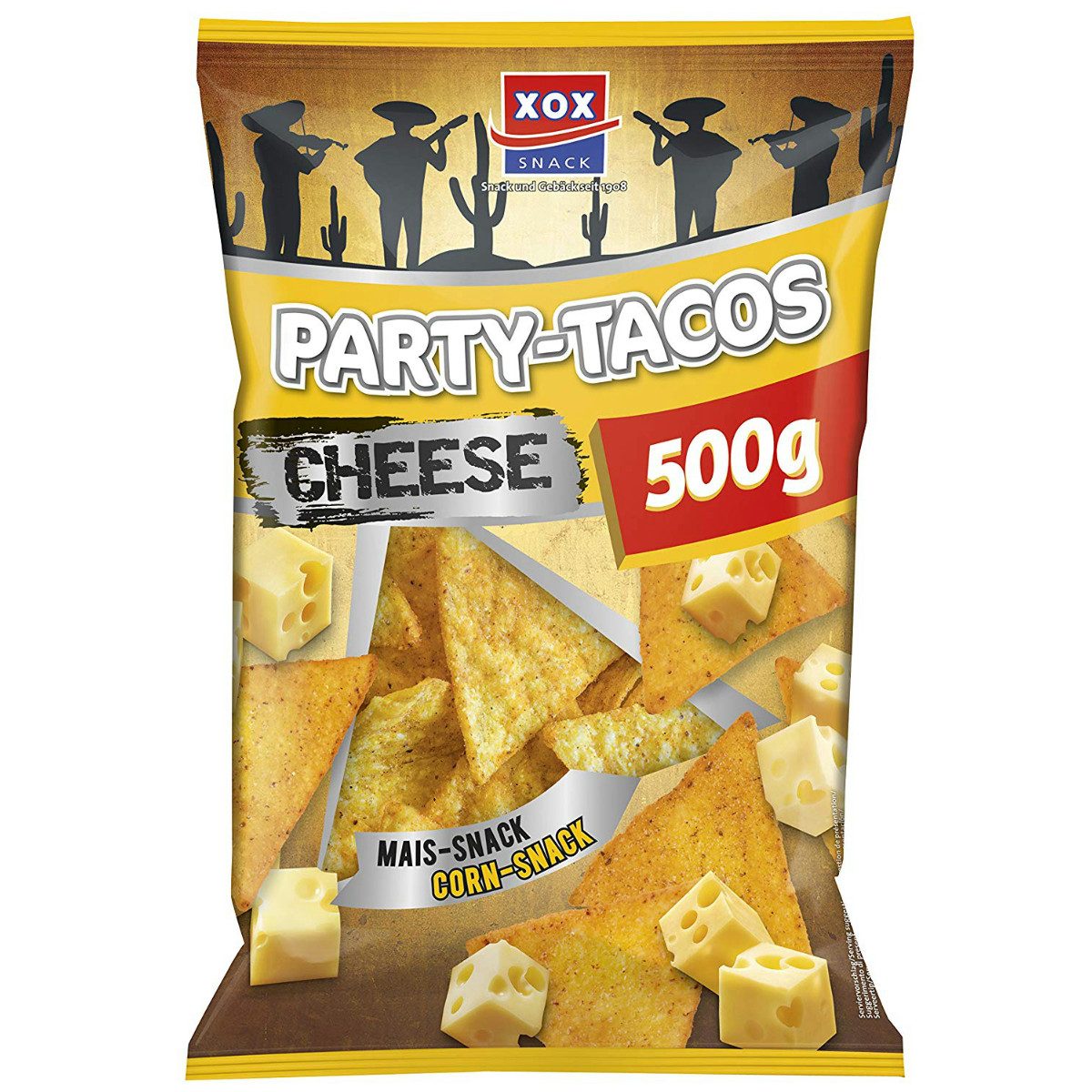 XOX Knabberei, XOX Party Tacos Nacho Käsegeschmack Mais Snack und Corn Snack 500g