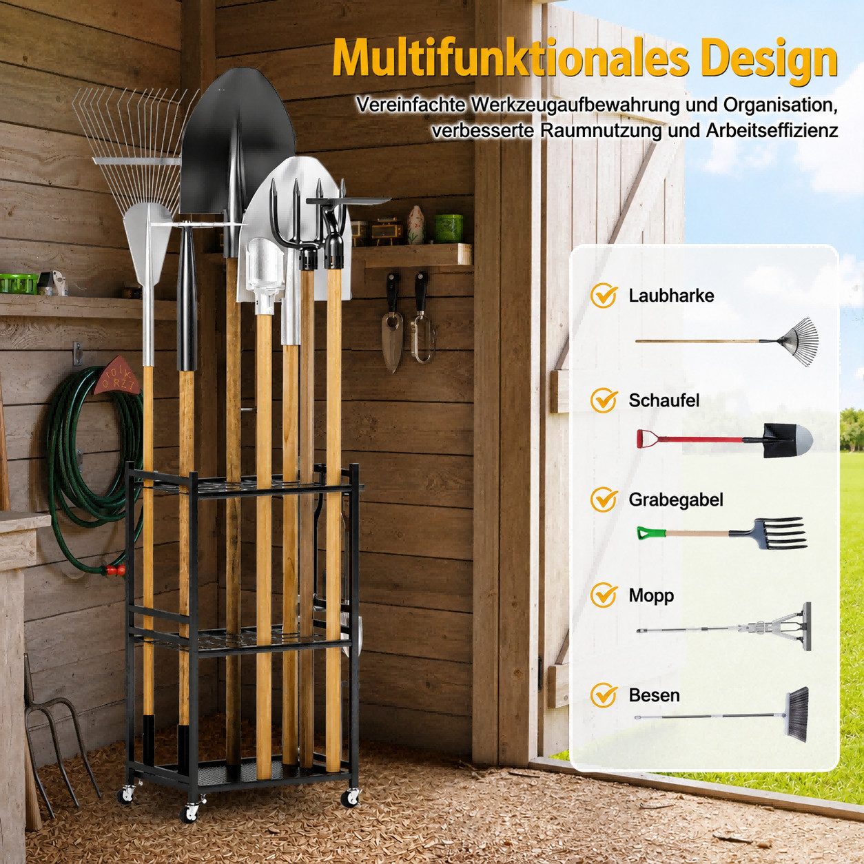 Rutaqian Gartengerätehalter Gartengerätehalter mit Rollen, mobiler Werkzeughalter Garten, (Metall Gerätehalter mit 35 Steckplätzen für Garage Schuppen und Garten)