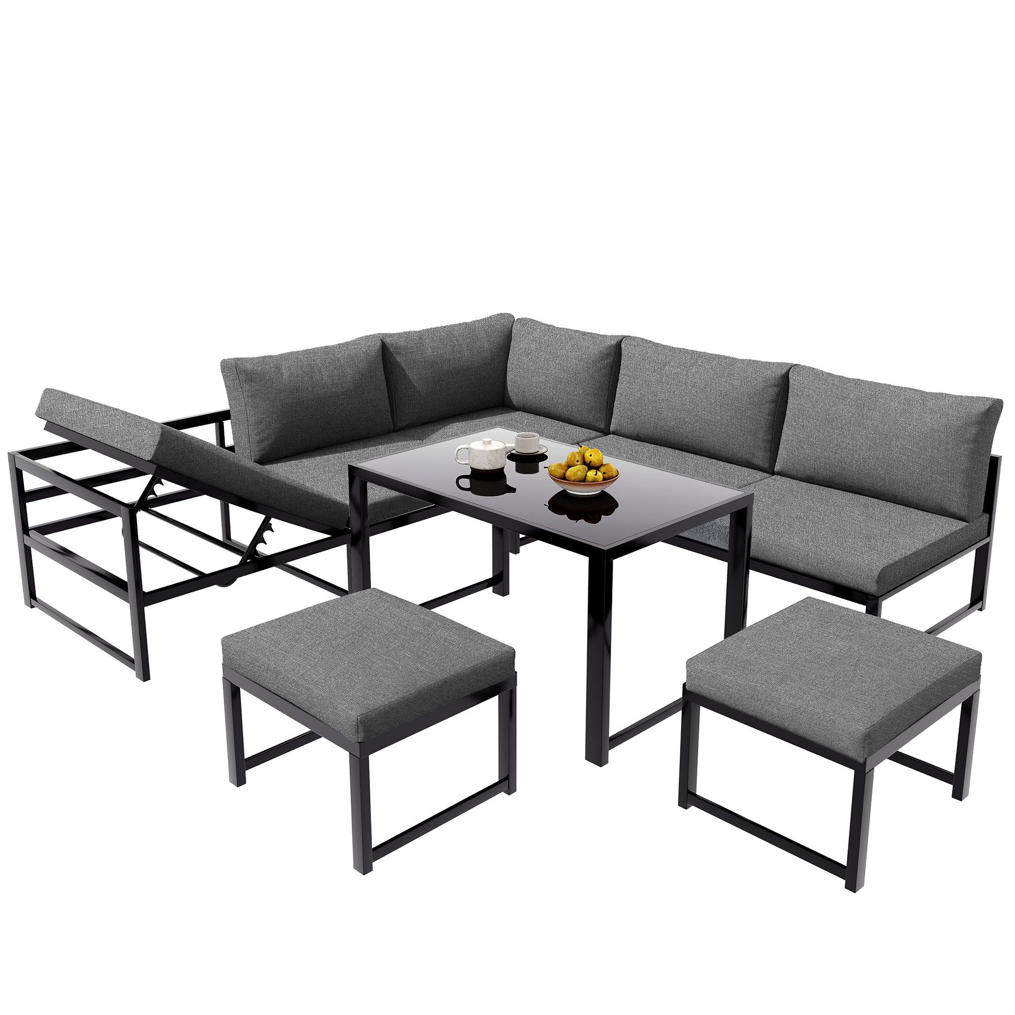 Odikalo Gartenlounge-Set Sitzgruppe Liegesofa verstellbar Rückenlehne Glasplatte Kissen