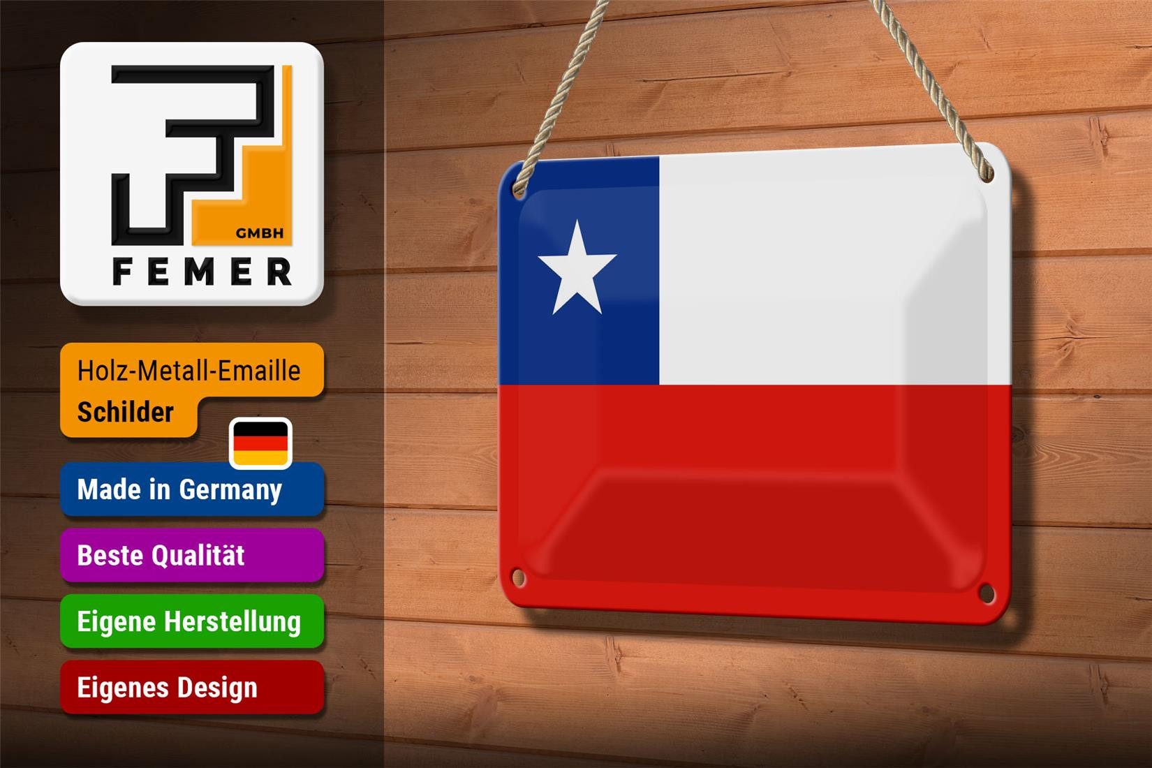 Femer GmbH Metallschild Flagge Chiles 18x12cm Flag of Chile, (1 St), gewölbte Oberfläche, abgerundete Ecken, umgeschlagene Kanten