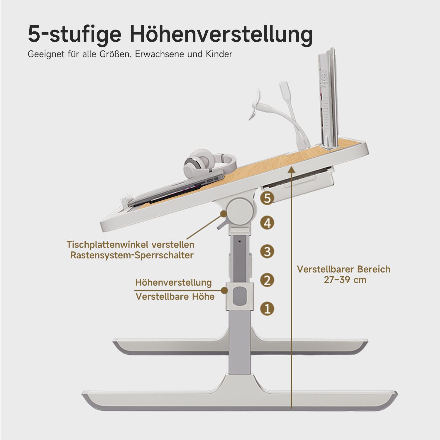 Refined Living Laptoptisch Betttisch Klappbar mit Schublade Buchständer Laptop-Stopper USB (Laptoptisch Holzplatte für Wohnzimmer Büro und Unterwegs Sofa Boden, – Bild 4 von 5