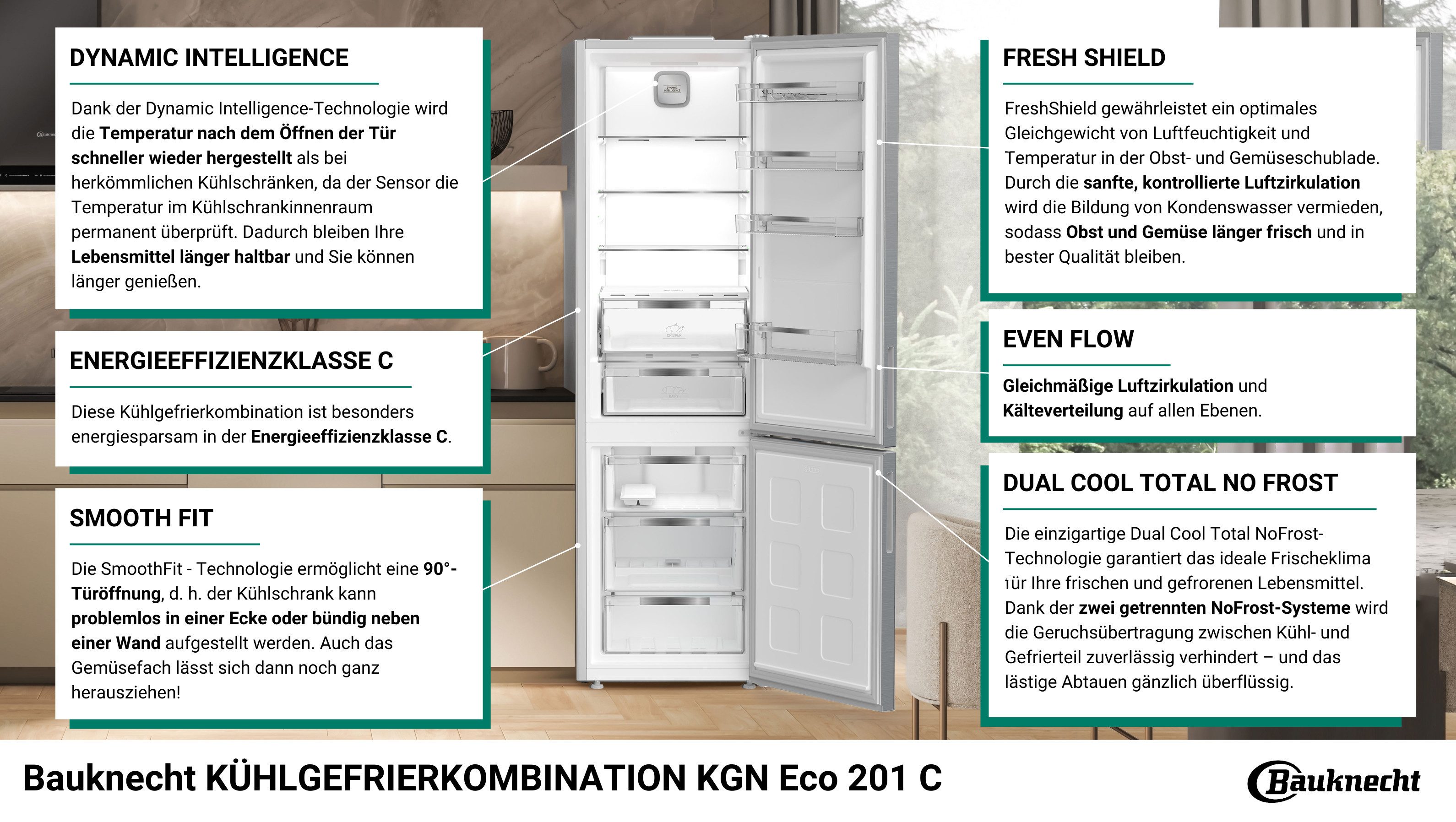 BAUKNECHT Kühl-/Gefrierkombination KGN Eco 201 C, 203,5 cm hoch, 59,5 cm breit, Zwei Kühlkreisläufe vermeiden Geruchsübertragung zwischen Bereichen – Bild 2 von 5