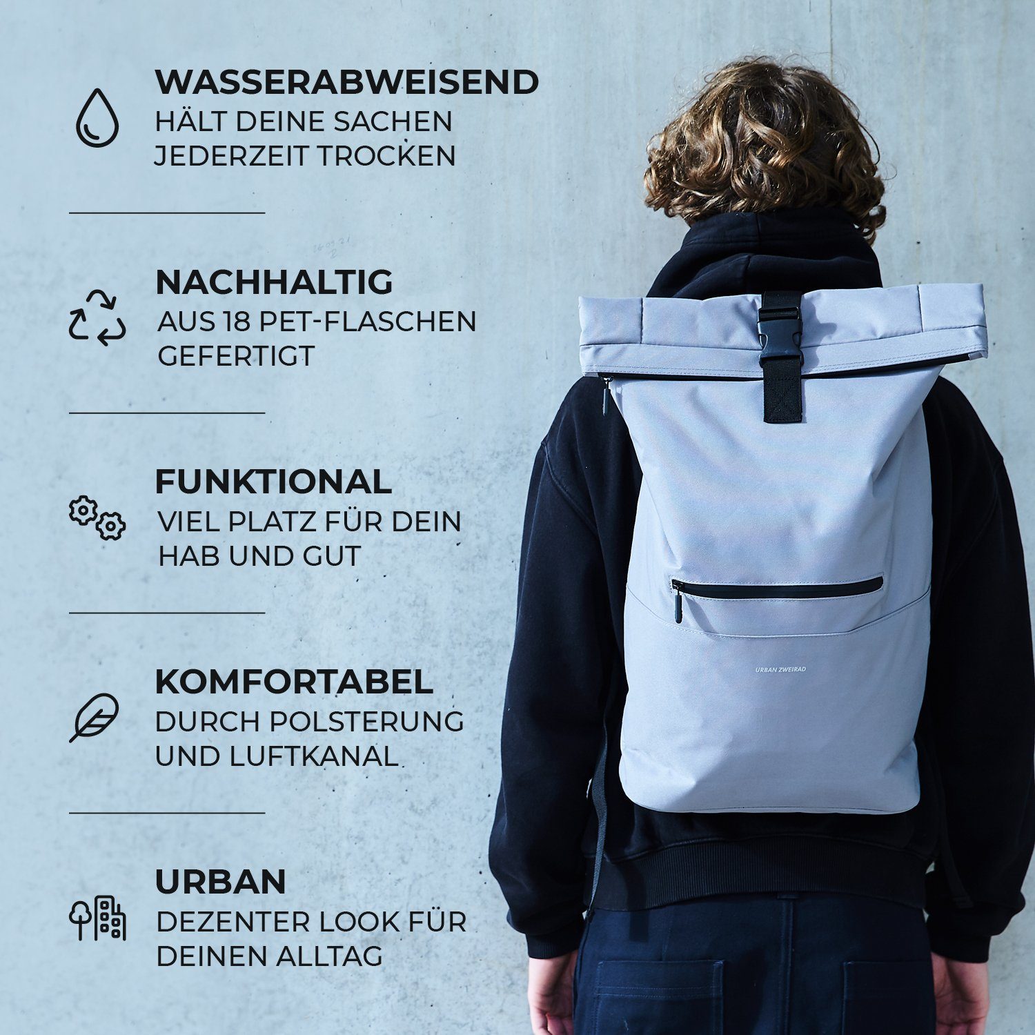 Top wasserabweisend 35l ZWEIRAD Freizeitrucksack Uni Grey HYBRID Rucksack Fahrradrucksack Roll URBAN