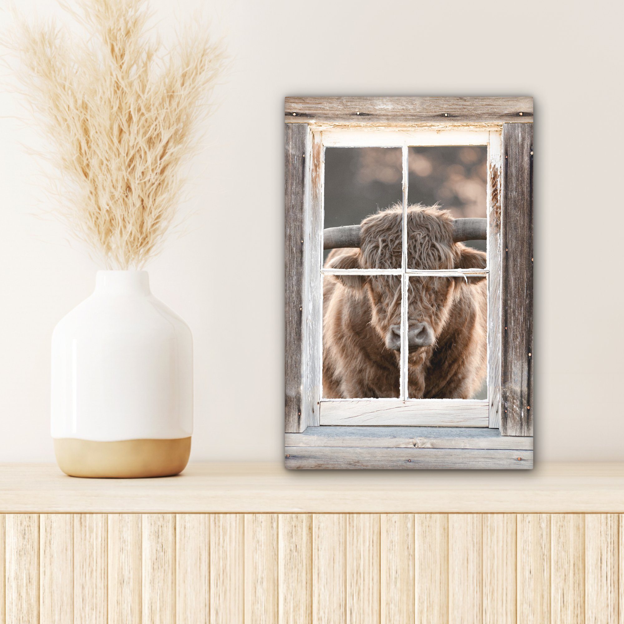 Highlander Leinwandbild fertig Zackenaufhänger, Ansicht Schottischer (1 St), OneMillionCanvasses® Leinwandbild cm - Fenster, bespannt - inkl. Gemälde, 20x30