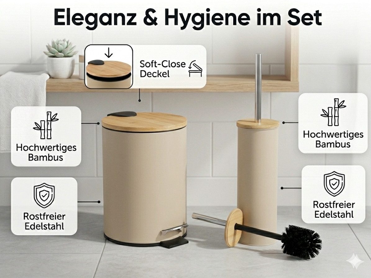 LikeKa Badaccessoire-Set 2 teilig Toilettenbürste und Kosmetikeimer matt mit Absenkautomatik