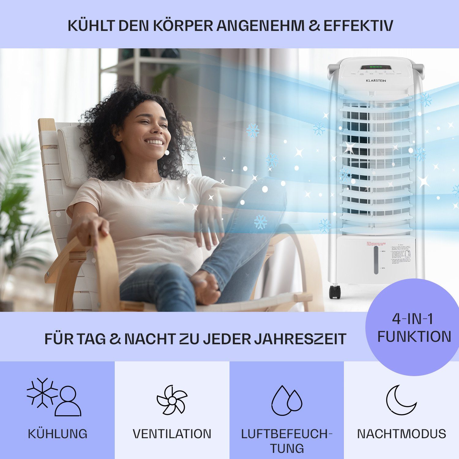 Klarstein Ventilatorkombigerät & Klimagerät Wasserkühlung Luftkühler Ventilator mit Luftbefeuchter, Weiß Abluftschlauch Eis ohne Maxfresh mobil