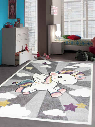 Kinderteppich Kinderteppich Spielteppich Babyteppich Mädchen Einhorn Regenbogen rosa creme grau, Carpetia, rechteckig, Höhe: 13 mm