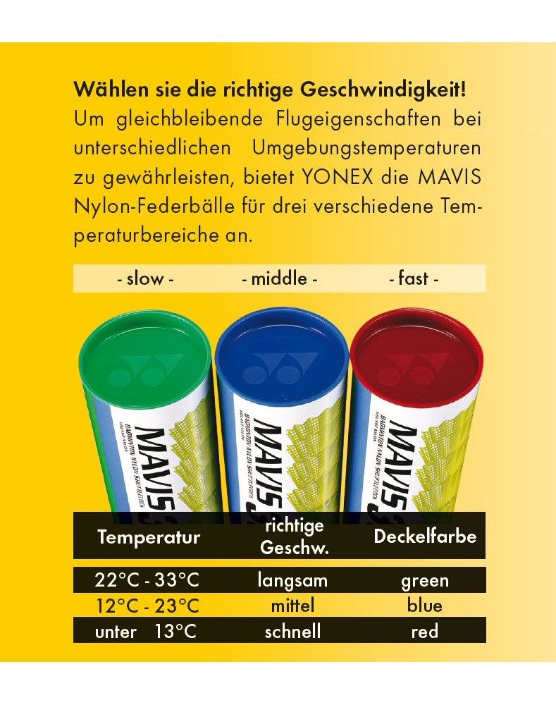 Yonex Badmintonball Mavis 350 Nylon gelb Dose 6er, Geschwindigkeit: schnell