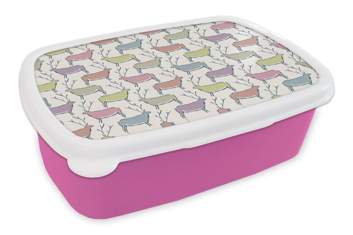 MuchoWow Lunchbox Muster - Hirsche - Beige, Kunststoff, (2-tlg), Brotbox für Erwachsene, Brotdose Kinder, Snackbox, Mädchen, Kunststoff rosa