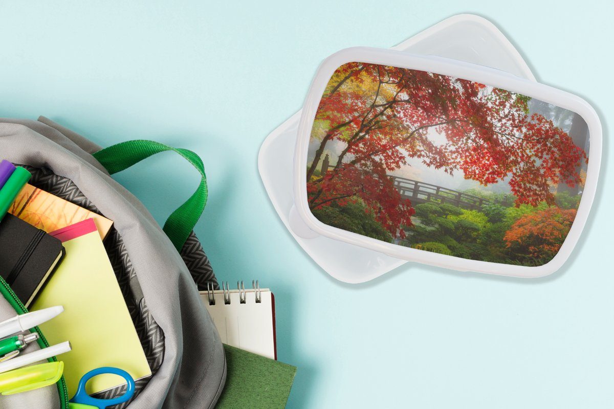 - Japanisch, Mädchen Natur MuchoWow Bäume Erwachsene, Brotdose, - für - Brotbox Ahorn und Kunststoff, - für Japanischer Jungs (2-tlg), Kinder Lunchbox Brücke und weiß