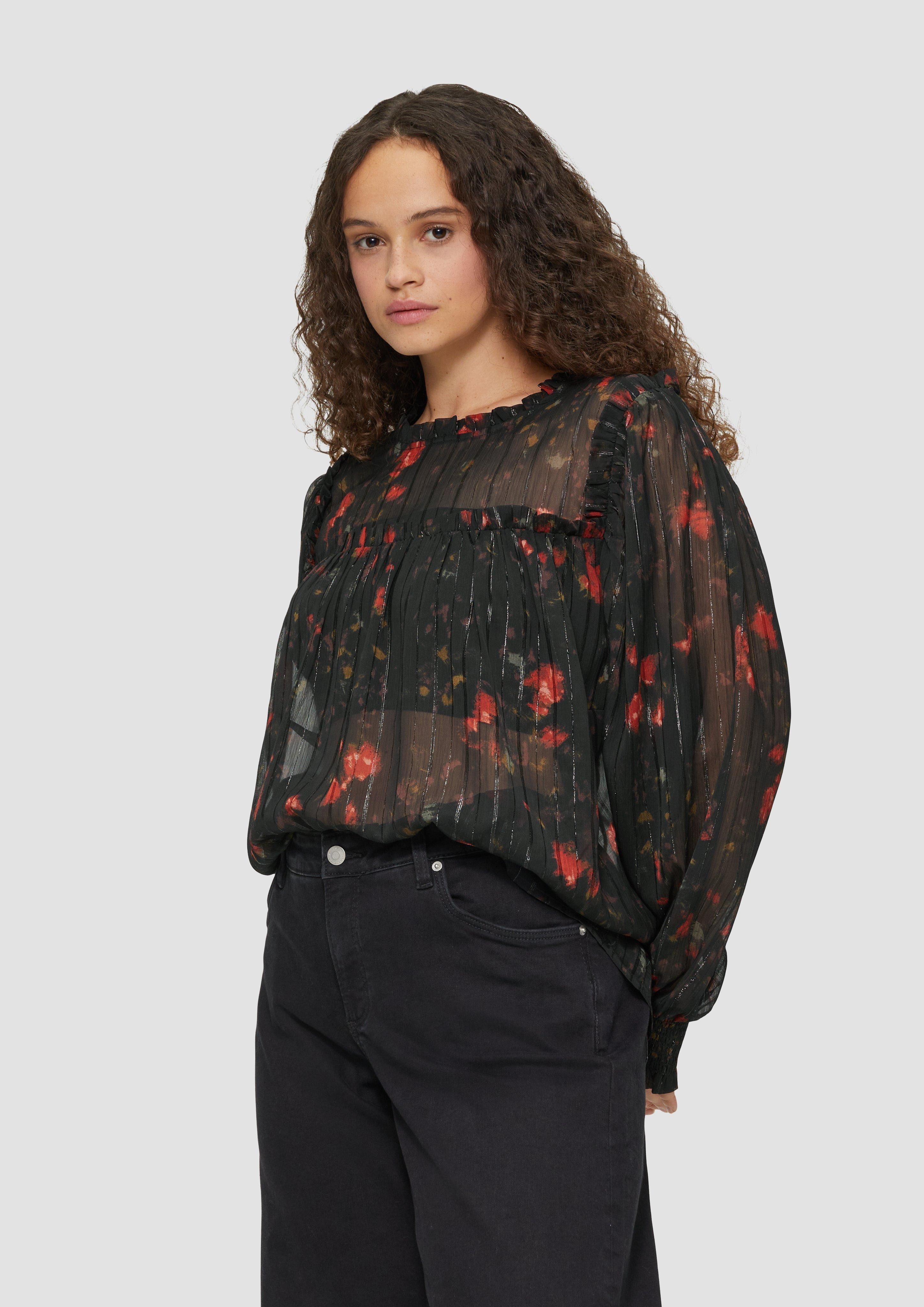 Langarmbluse Transparente Chiffon-Bluse mit Glitzergarn