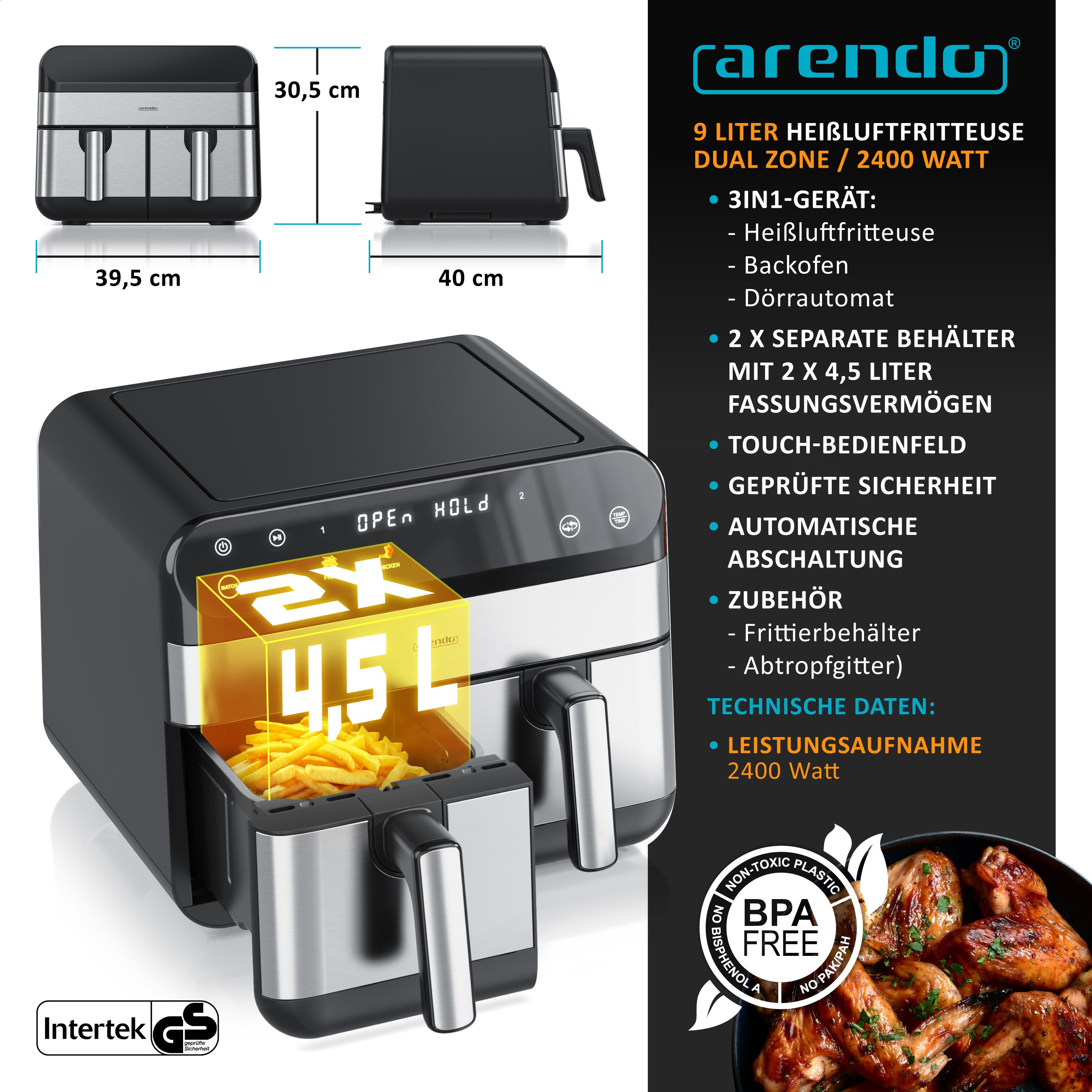 Arendo Heißluftfritteuse XXL Doppelkammer Airfryer 9L, Dual Zone, Backofen, Dörrautomat, 2400 W, mit Zubehör, Touchscreen, 3D Umluftsystem, fettarmes gesundes Kochen