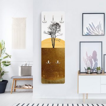 Bilderdepot24 Garderobenpaneel gold Kunst Natur Goldene Sonne mit Baum Design (ausgefallenes Flur Wandpaneel mit Garderobenhaken Kleiderhaken hängend), moderne Wandgarderobe - Flurgarderobe im schmalen Hakenpaneel Design