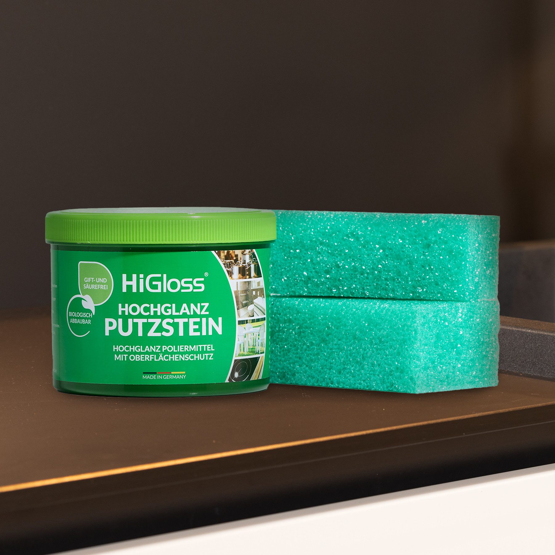 HiGloss Universal Allzweckreiniger Putzstein inklusive 2 Putzschwämmen Putzstein (900 Gramm kraftvoll gegen Schmutz, Fett & Kalk, pflegt, schützt & poliert)