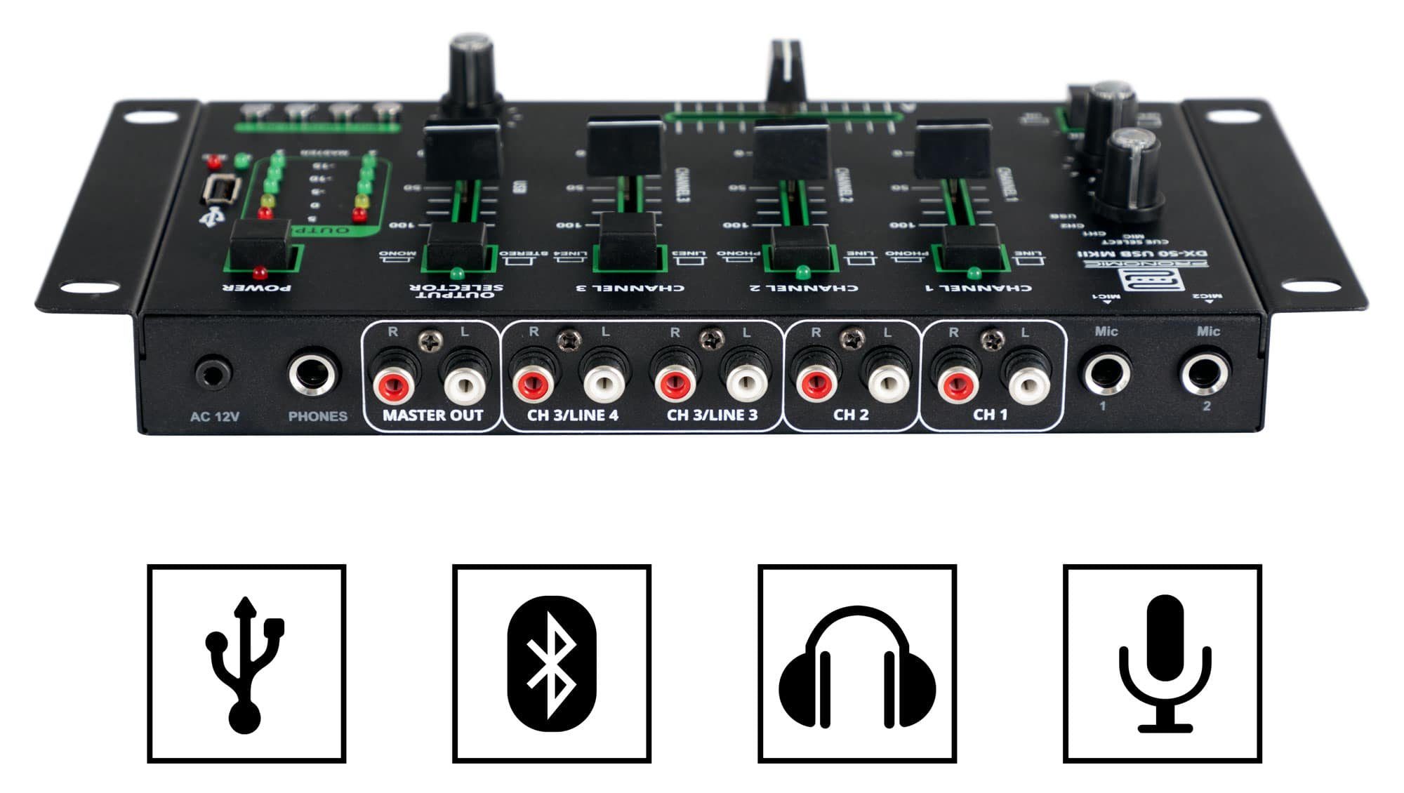 Pronomic DJ Controller DX-50 USB MKII 4-Kanal DJ-Mixer mit Bluetooth, (Talkover-Funktion), USB/MP3/Bluetooth-Player mit Recording Funktion