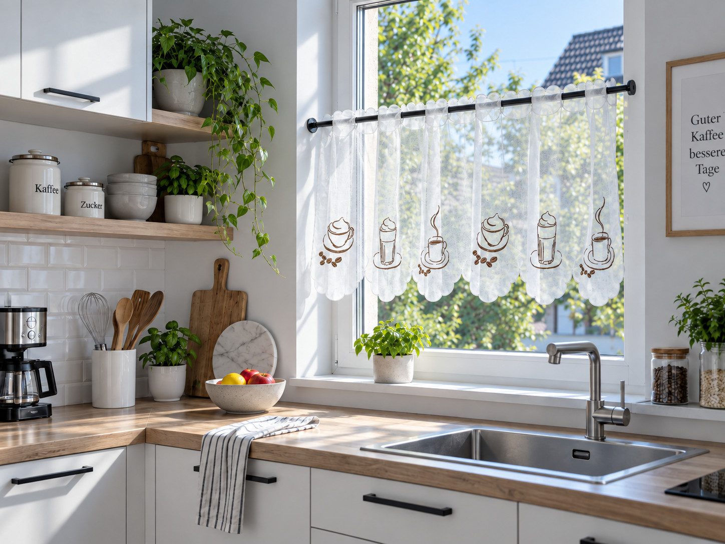 Joyswahl Scheibengardine Kaffee Kurzstore Bistrogardine im Landhausstil (1 St), Stangendurchzug, transparent, Voile, Bestickte Tassenmotive mit spitzem Abschluss für Küche und Café