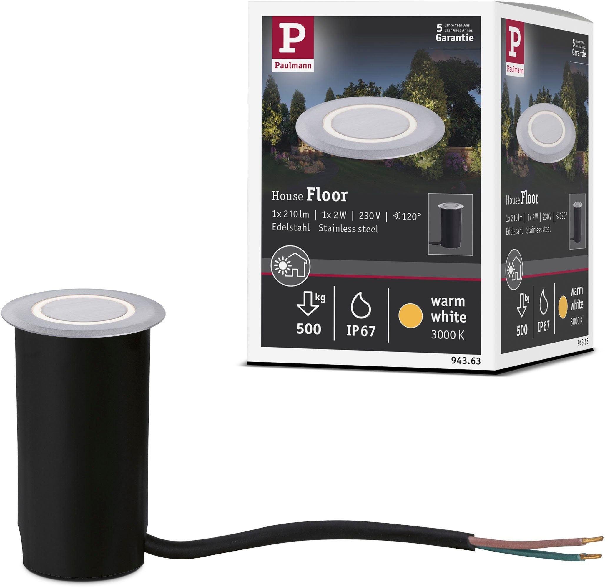 Outdoor IP67 integriert, Boden rund 230V fest LED Einbauleuchte round, Paulmann deko 2W LED Warmweiß, 3000K