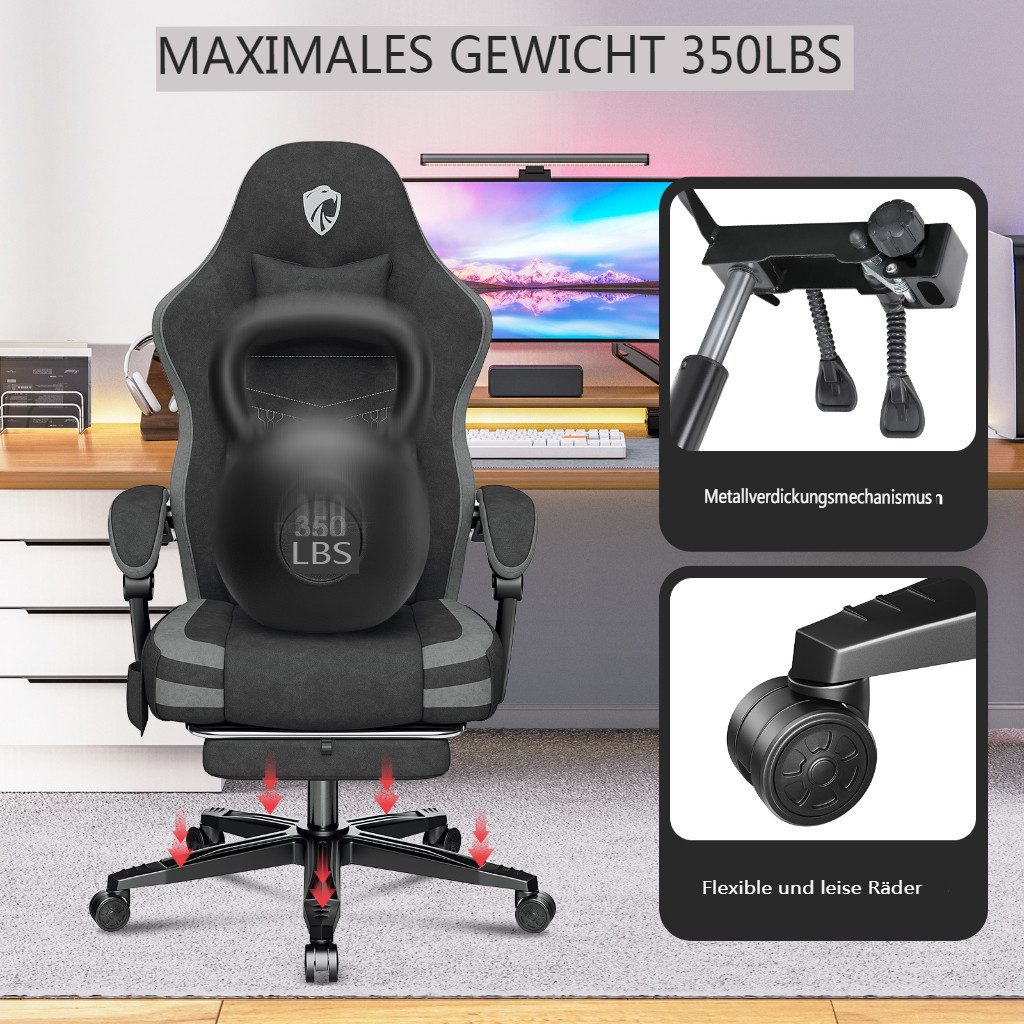 Insma Gaming-Stuhl Ergonomischer Bürostühl Drehstühl aus Stoff, mit Massage, Fußstütze & Lendenstütze, 158kg Belastbar