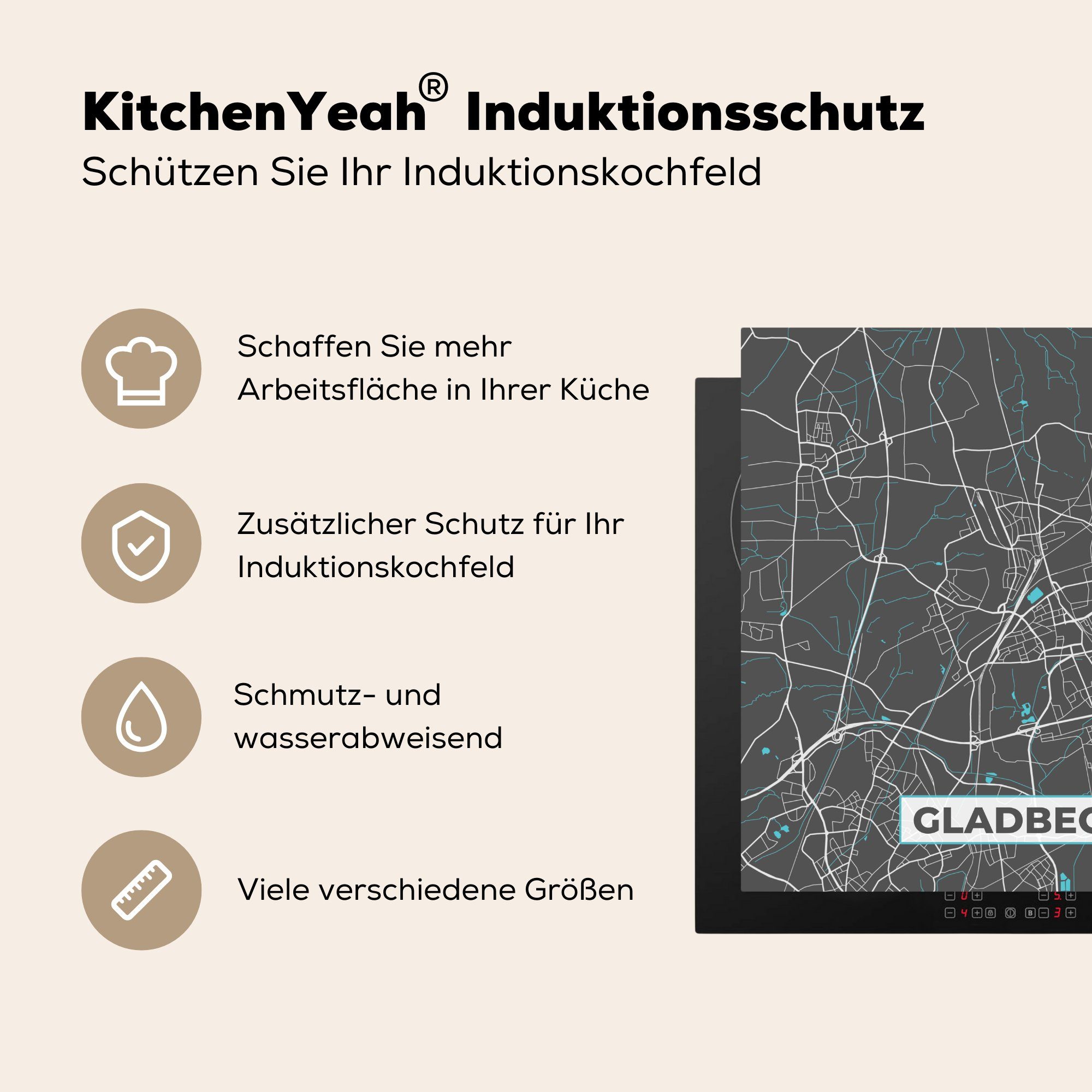 Karte küche Gladbeck 78x78 Deutschland - Arbeitsplatte Herdblende-/Abdeckplatte für - Ceranfeldabdeckung, (1 Stadtplan - cm, Karte, - Vinyl, tlg), MuchoWow