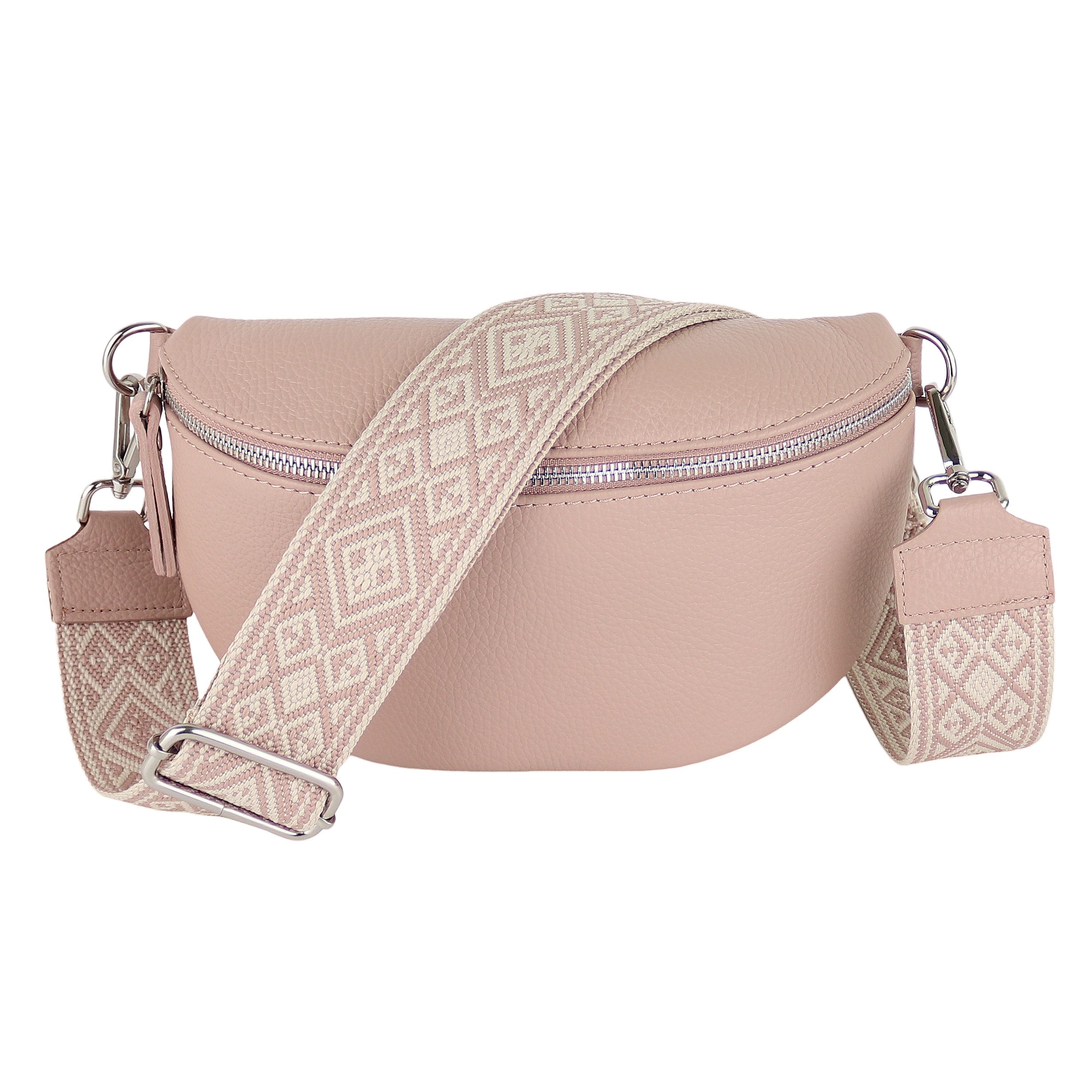 MIRROSI Bauchtasche Damen, Echtleder, Made in Italy, Umhängetasche, Brusttasche, (Schultertasche für jeden Anlass (1 Tasche & 2 Gurte), Crossbody Bag, Weiß, gemusterten& verstellbaren Schulterriemen