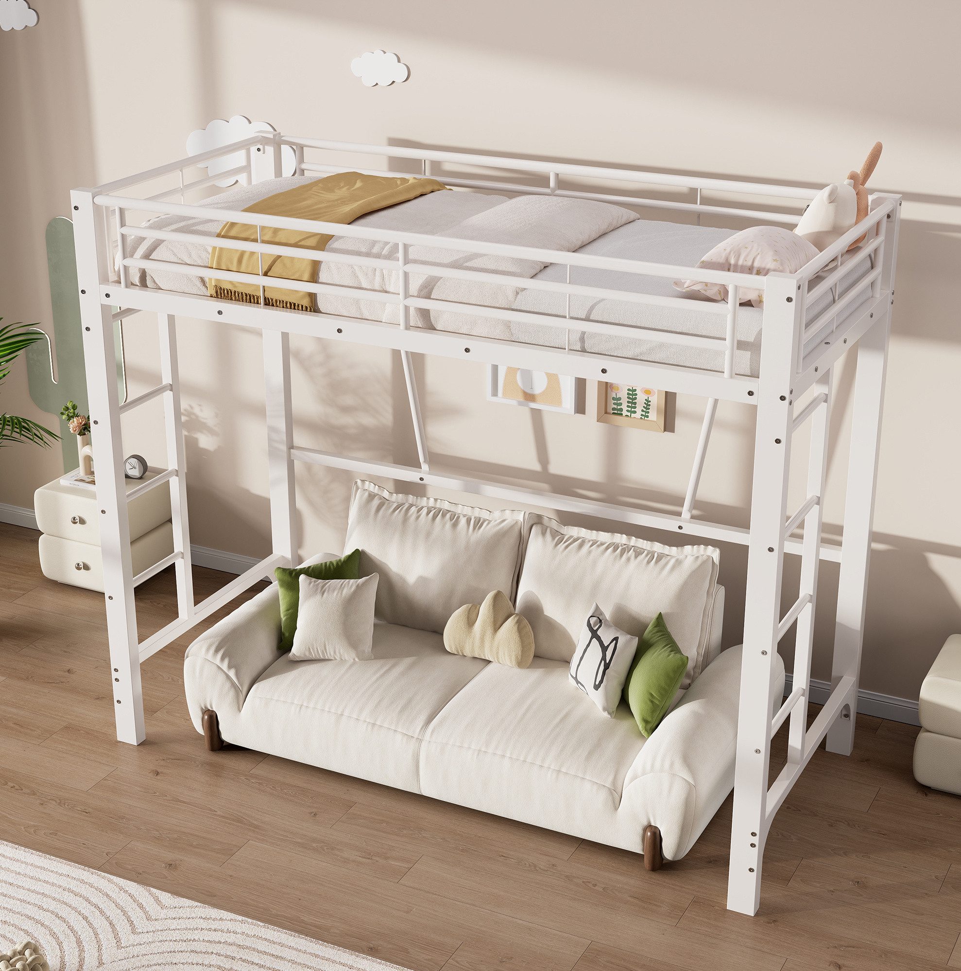 OKWISH Hochbett Metallbett mit Doppelleiter (Jugendbett mit Doppelleiter und großzügigem Freiraum unter der Liegefläche, modernes Design, Funktionsbett Eisenbett) Inklusive Matratze