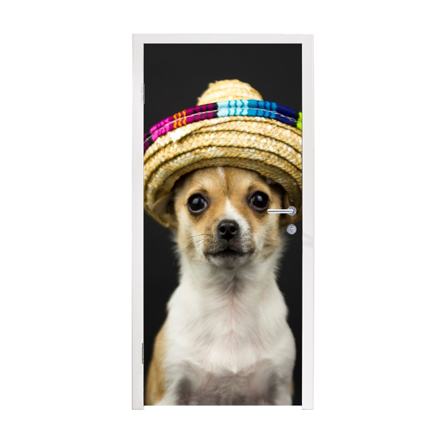 MuchoWow Türtapete Hund - für Fototapete Sombrero bedruckt, cm - 75x205 Türaufkleber, Schwarz, Tür, St), Matt, (1