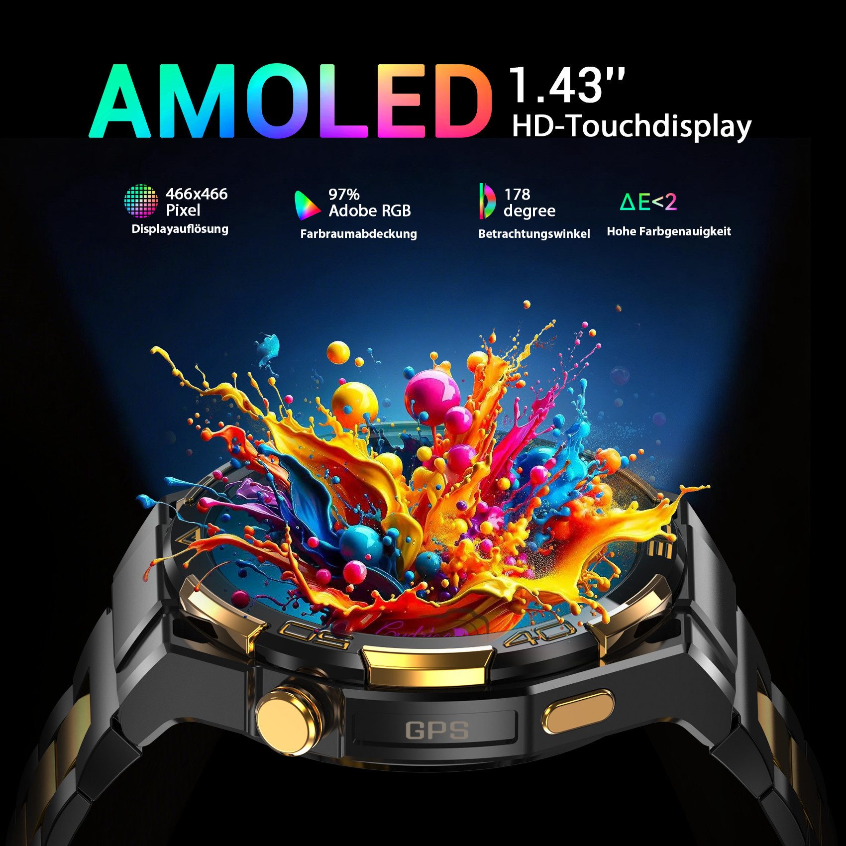 blackview GPS Herren-Smartwatch 2026,1,43" AMOLED, 14K Gold,900mAh Akku,Business Smartwatch (1.43 Zoll) Set, 1-tlg., mit Wechselband aus weichem Silikon und Ladekabel, 15 Tage Akku,Anrufe,HR,SpO2, Blutdruck, LED-Leuchte,2 Armbändern, IP68