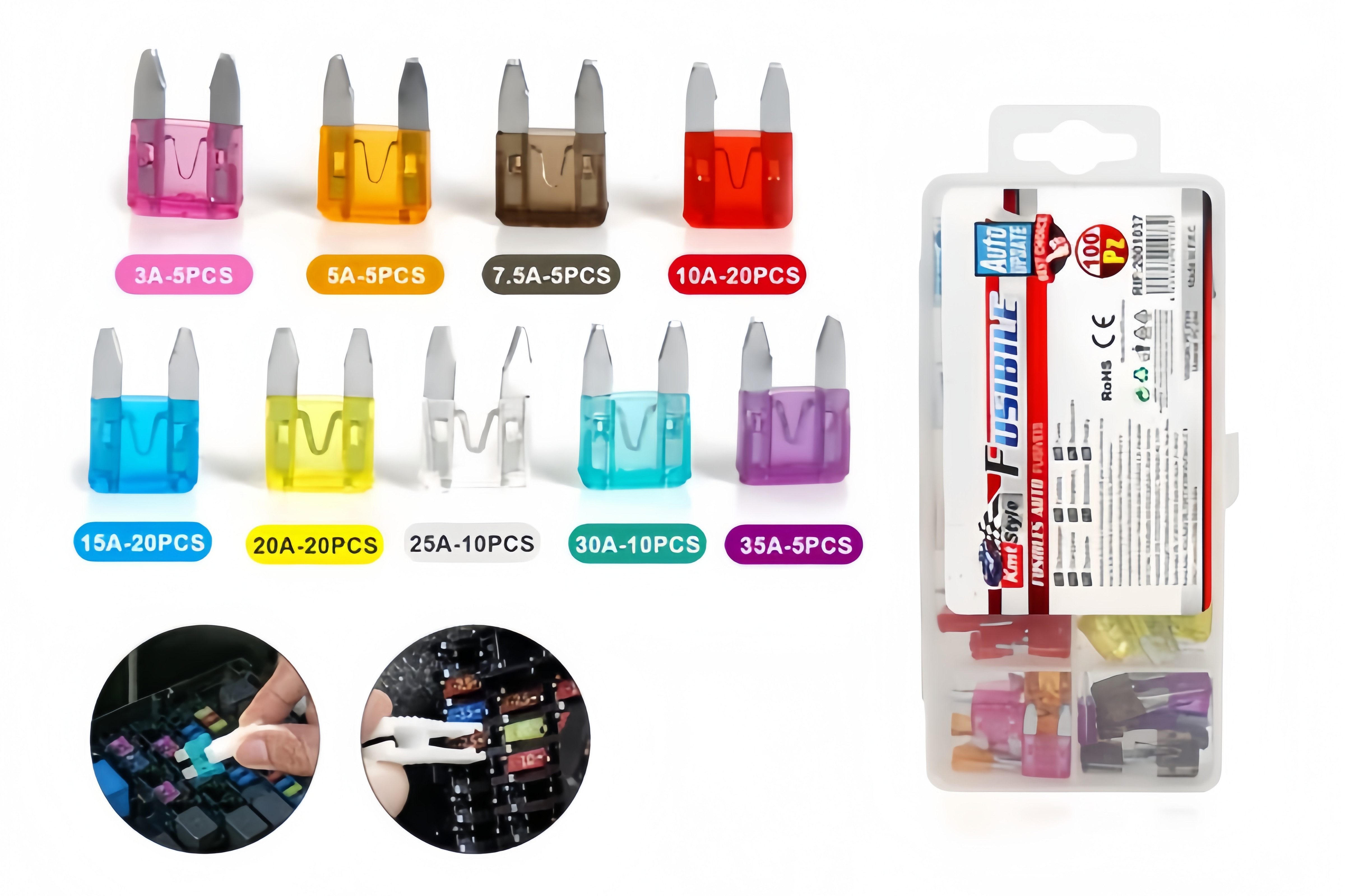 Ticca Kfz-Sicherungshalter KFZ-Sicherungen 100tlg 11mm, 3A - 35A für Autos, Kfz-Sicherungssortiment mini inkl. Plastikbox