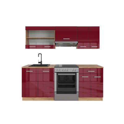 Livinity® Küchenzeile R-Line, Bordeaux Hochglanz/Goldkraft Eiche, 200 cm, AP Marmor