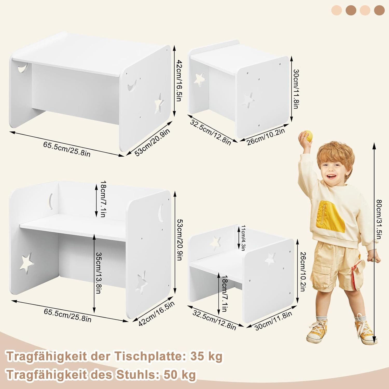 Woltu Kindersitzgruppe, Multifunktions Möbelset, Kinder Tisch Stuhl Set, Weiß
