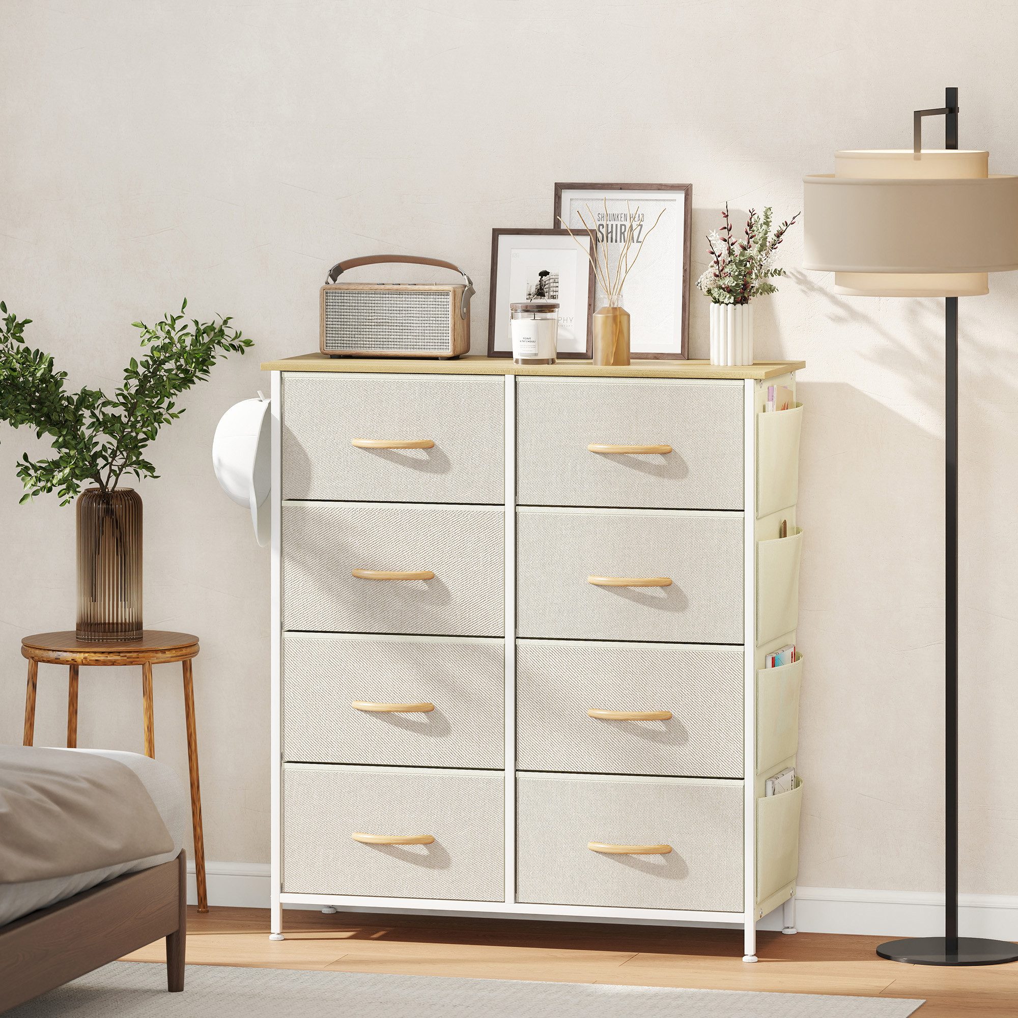 HOMCOM Kommode Schrank mit 8 Schubladen aus Vliesstoff, Haken, Seitentasche (Schubladenschrank, 1 St., Aufbewahrungsschrank), Modern Sideboard für Schlafzimmer, Wohnzimmer Beige