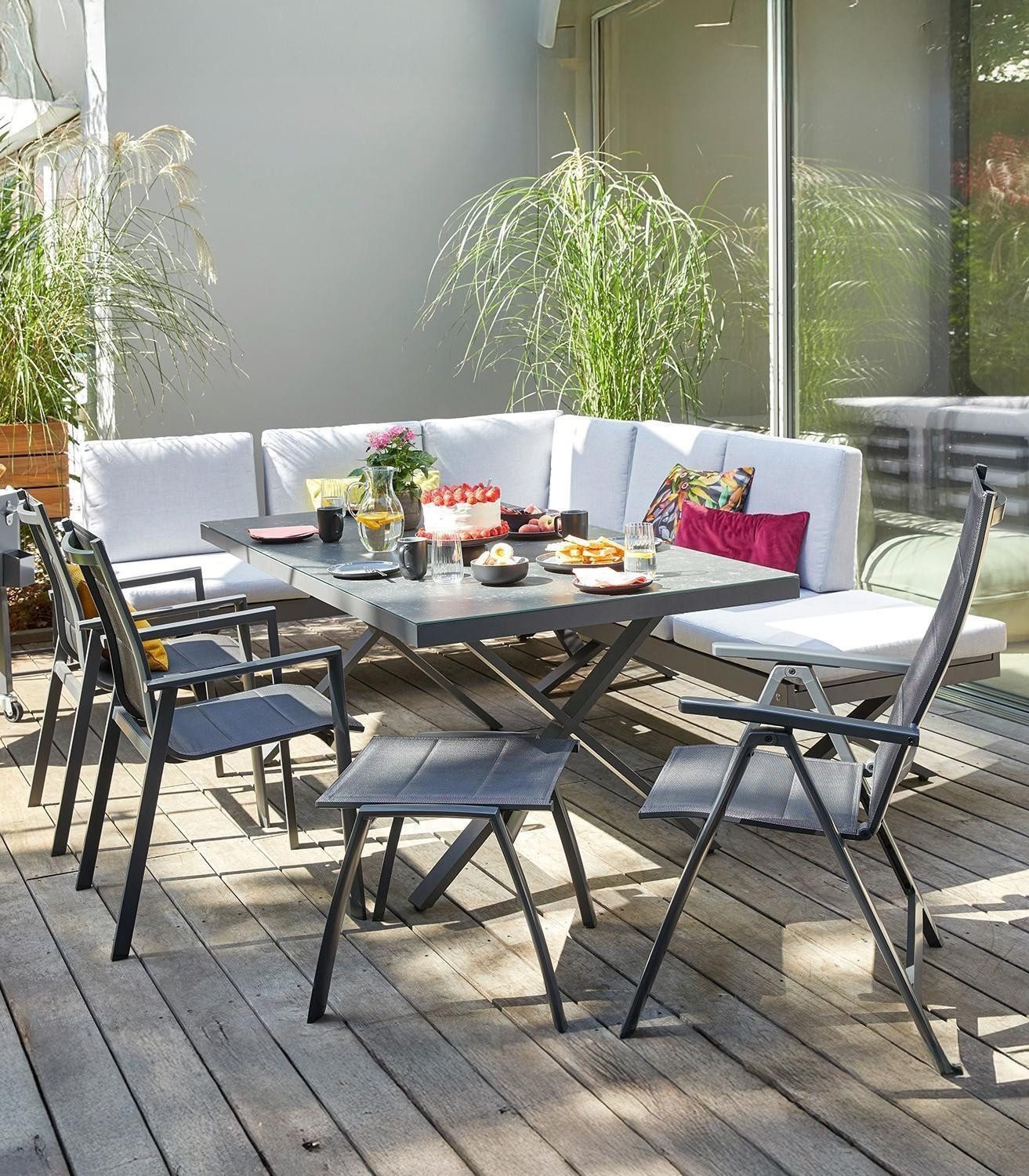 Outdoor Gartenlounge-Hocker LIVORNO, Anthrazit, Aluminium, Textilen, gepaddete Sitzfläche, B 53 x H 44 x T 57,5 cm