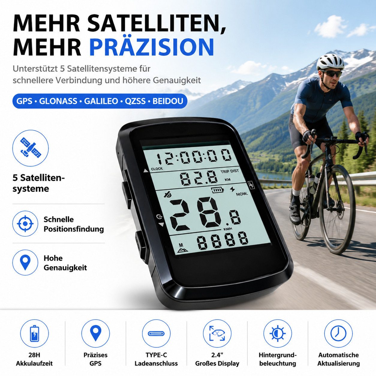 ibettertec Fahrradcomputer Kabelloser Fahrradtacho mit LCD-Display, 2,4 Zoll (USB-C Ladefunktion), Geschwindigkeitsmesser, Kilometerzähler, Hintergrundbeleuchtung