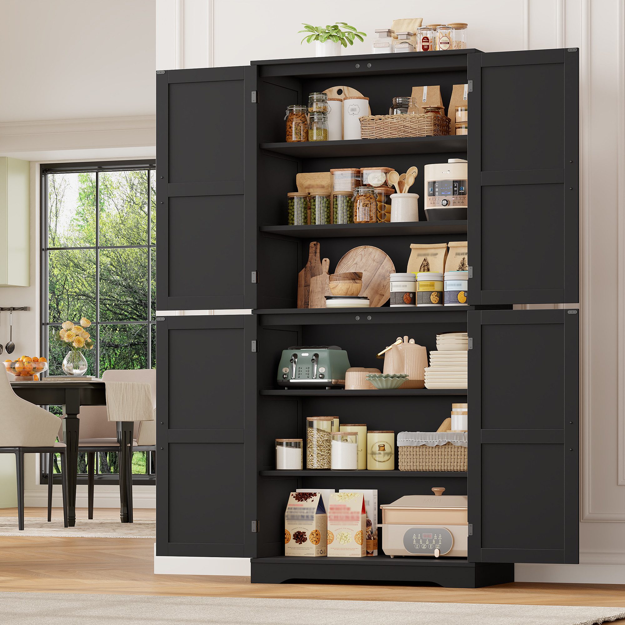 HOMECHO Küchenbuffet 180cm Küchenschrank mit 4 Türen Weiß Buffetschrank für Wohnzimmer Küche 180×80×40 cm – Bild 4 von 5