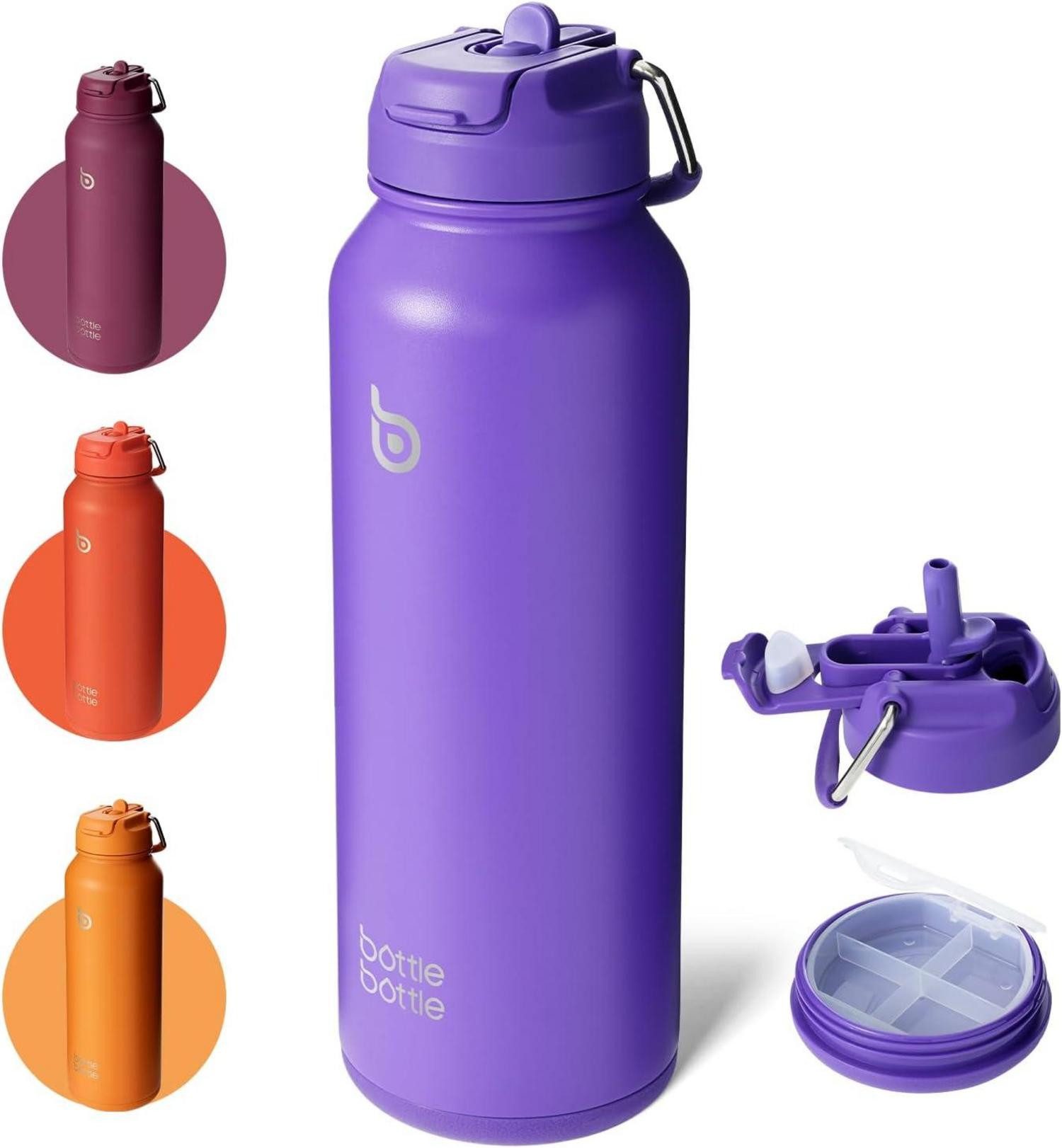 Becher Sport-Trinkflasche Edelstahl isoliert Strohhalm Pillenhalter 1,2 l