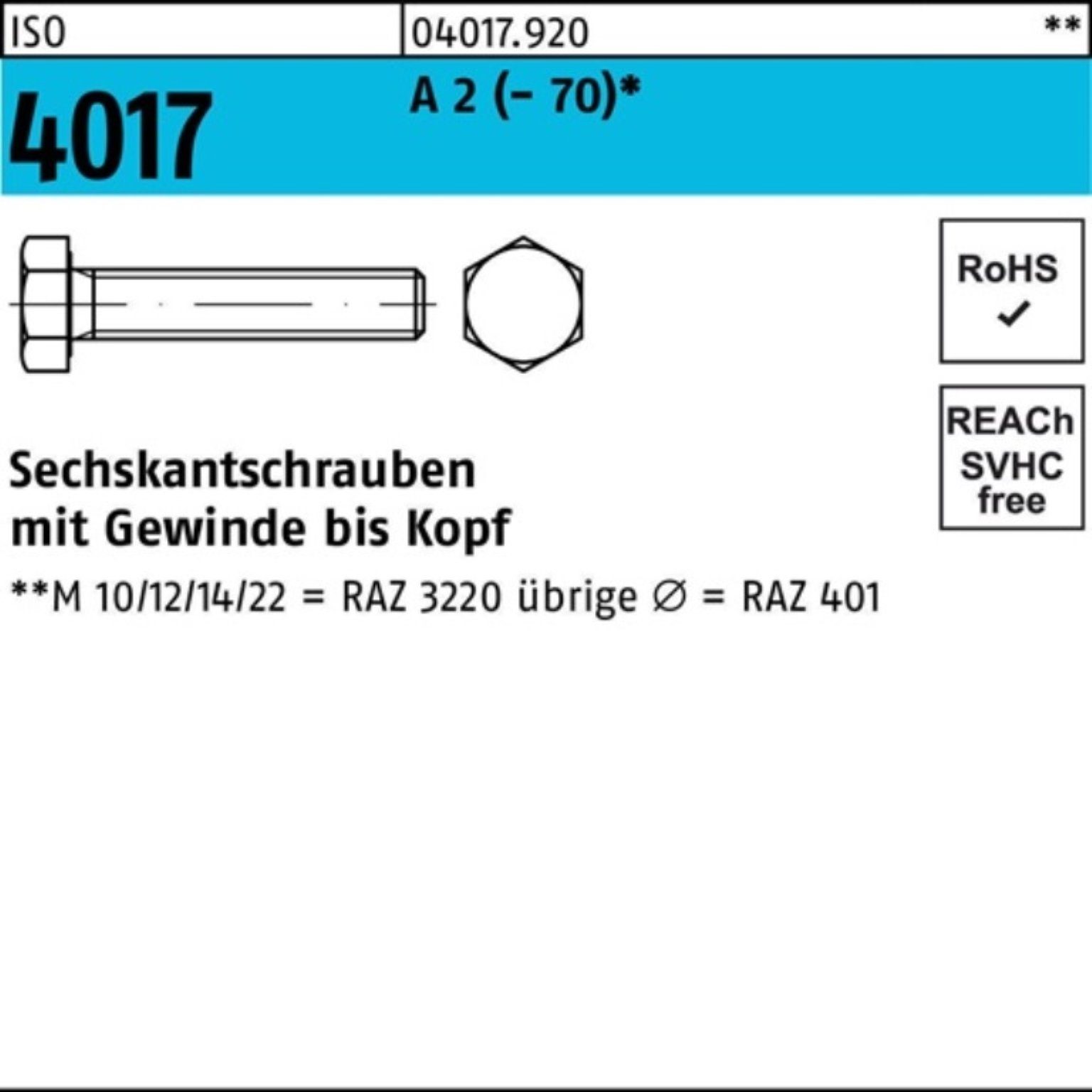 Bufab Sechskantschraube 100er Pack Sechskantschraube ISO 4017 VG M10x 140 A 2 (70) 1 Stück