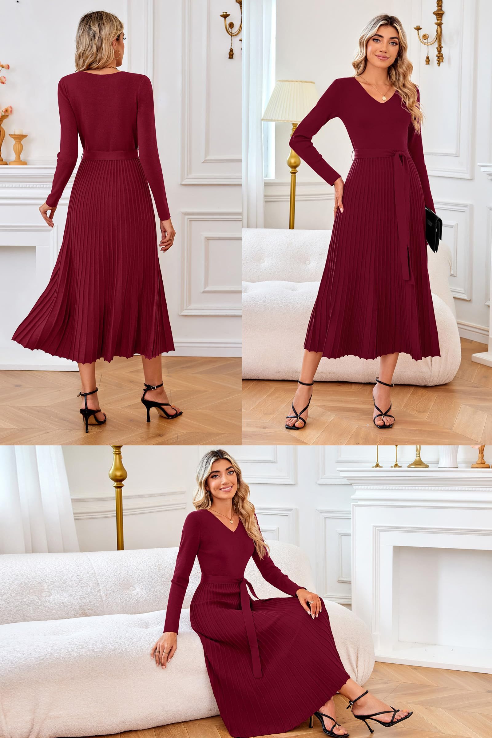 Arach&Cloz Strickkleid Damen Pulloverkleid Herbst Winterkleid Lang Plissee V-Ausschnitt Langarm Elegant Midi Kleider Winter