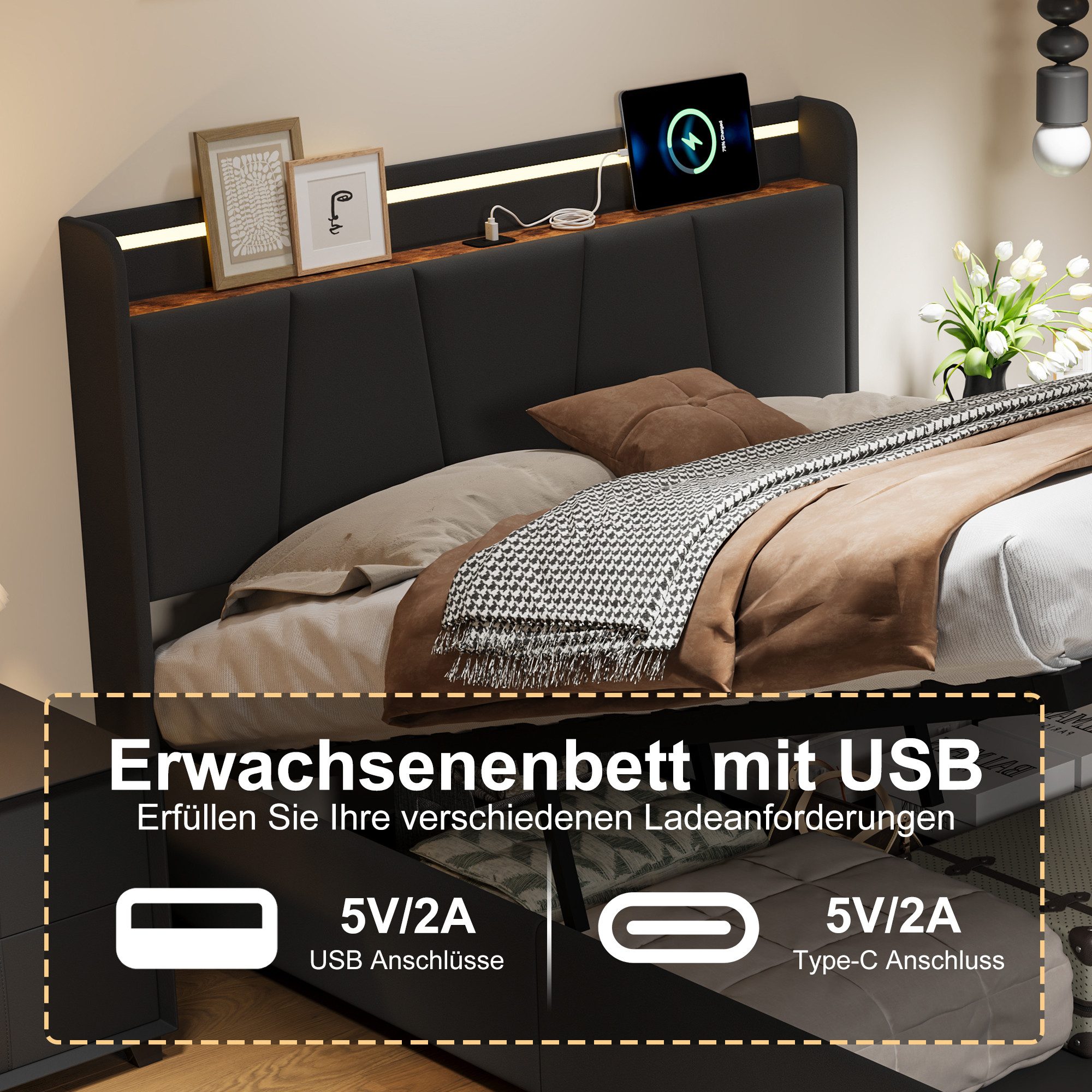 PXloue Stauraumbett Polsterbett mit Stauraum (Hochklappbares Bett 140x200 cm (USB-Ladeanschluss), 2 Schubladen, mit stabilem Lattenrost & gepolstertem Kopfteil