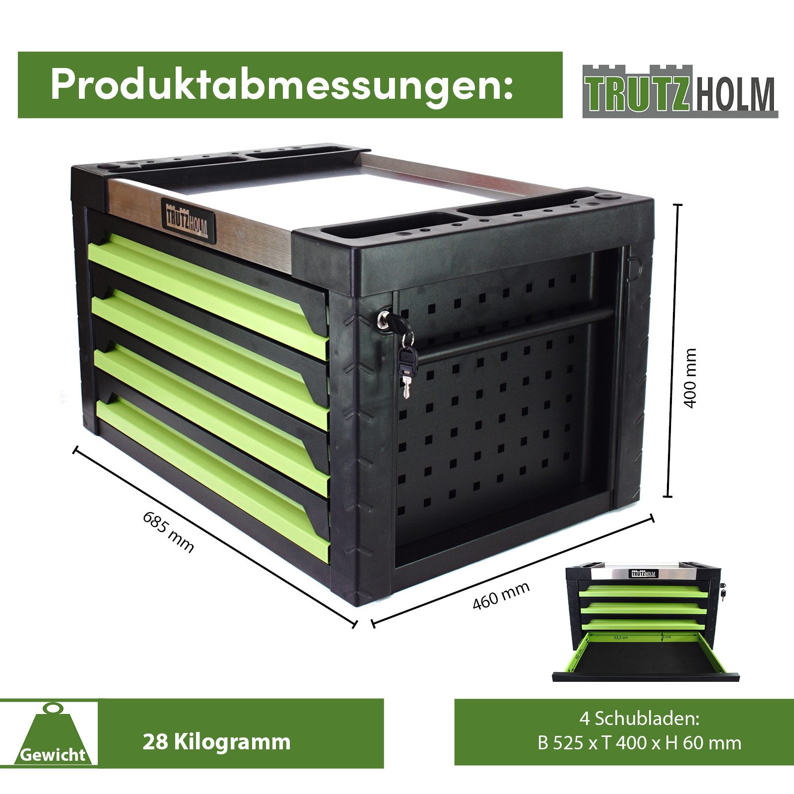 TRUTZHOLM Werkstattwagen Werkzeugkiste 4 Schubladen ca. 68 x 46 cm leer grü günstig online kaufen