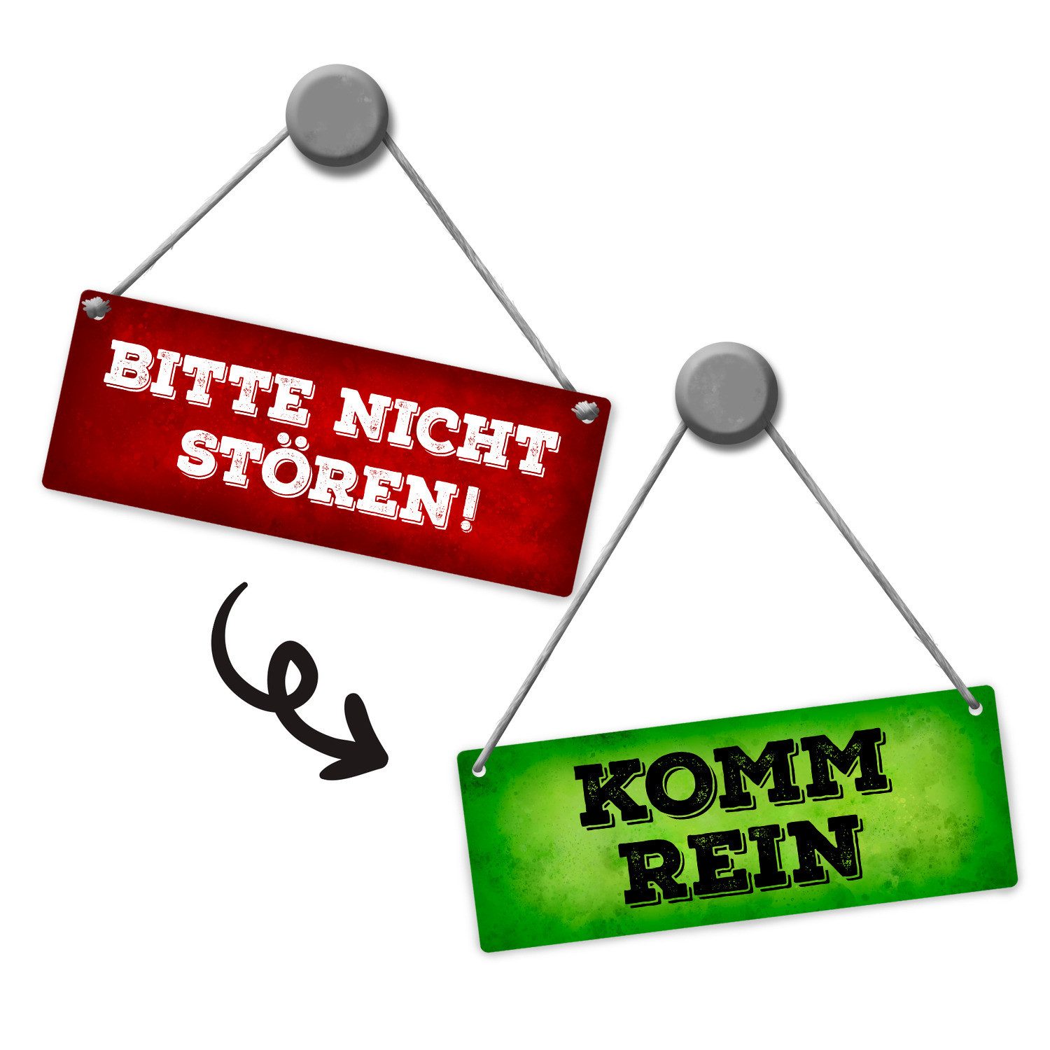 speecheese Metallschild Bitte nicht stören Komm rein Wendeschild in Grün und Rot mit Kordel – Bild 2 von 2