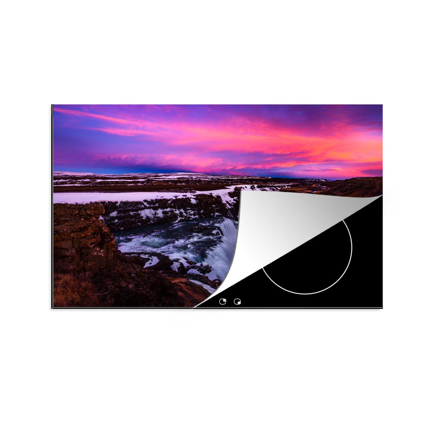 MuchoWow Herdblende-/Abdeckplatte Violette Farben am Himmel über dem Gullfoss-Wasserfall in Island, Vinyl, (1 tlg), 81x52 cm, Induktionskochfeld Schutz für die küche, Ceranfeldabdeckung