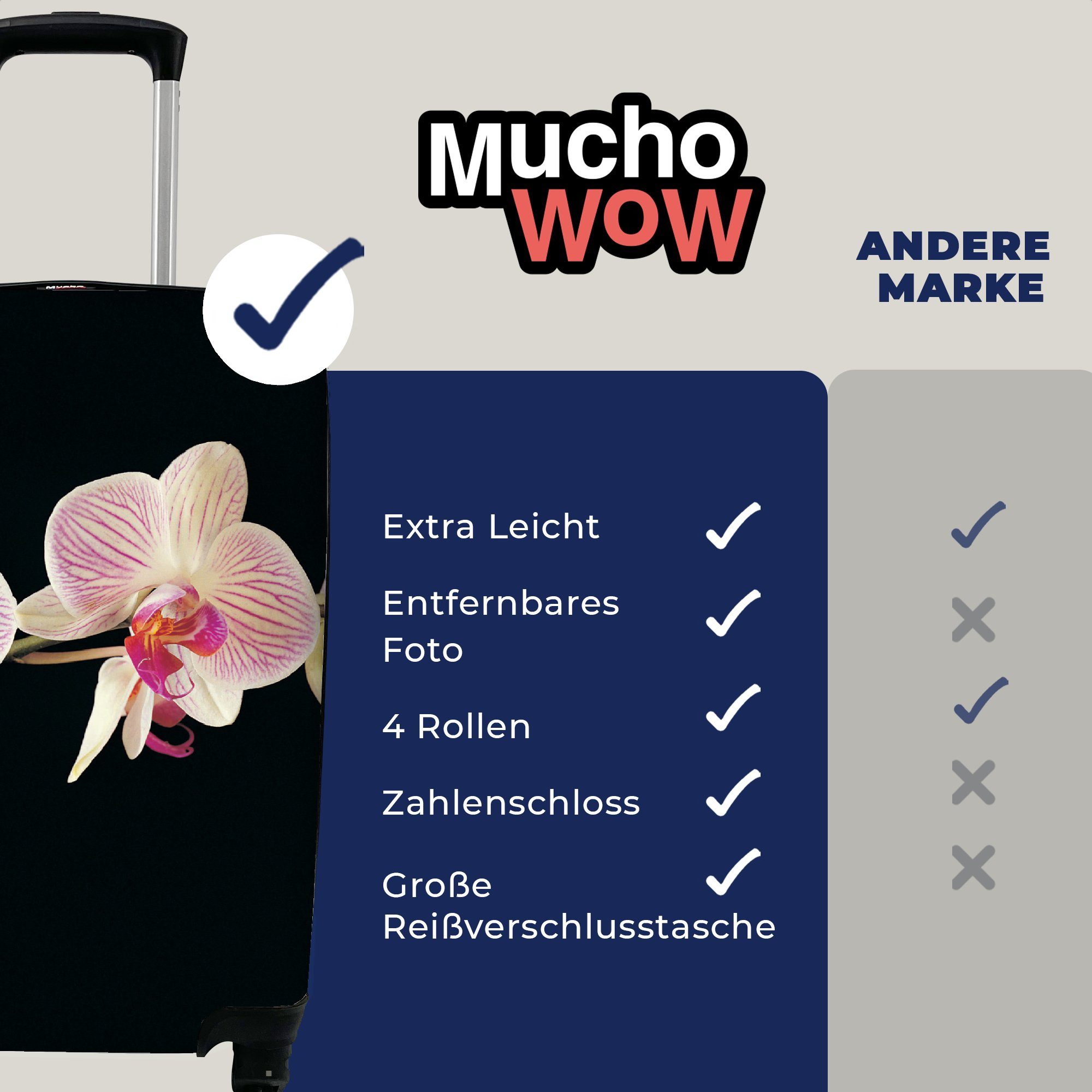 Handgepäck Rollen, mit Rosa Schwarz - Trolley, Knöpfe, Reisekoffer MuchoWow 4 - Reisetasche - rollen, Ferien, Orchidee Blumen für - Handgepäckkoffer