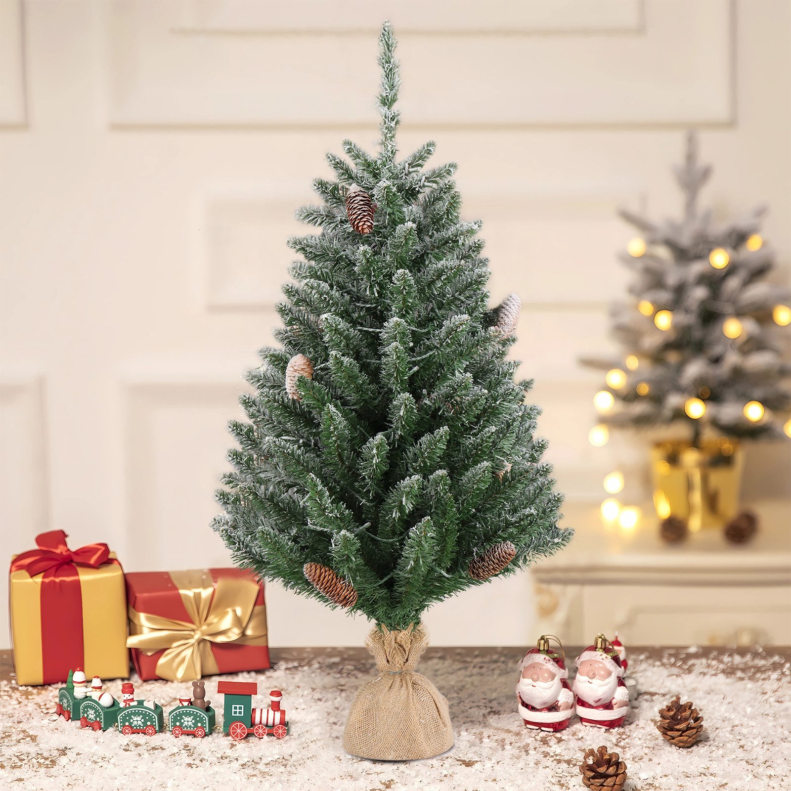LALAHO Künstlicher Weihnachtsbaum 90cm Mini Künstlicher Tannenbaum mit LED und Kiefernzapfen, Tisch-Weihnachtsbaum mit 118 Zweige, 100 warmweißen LEDs mit 8 Mod – Bild 3 von 5