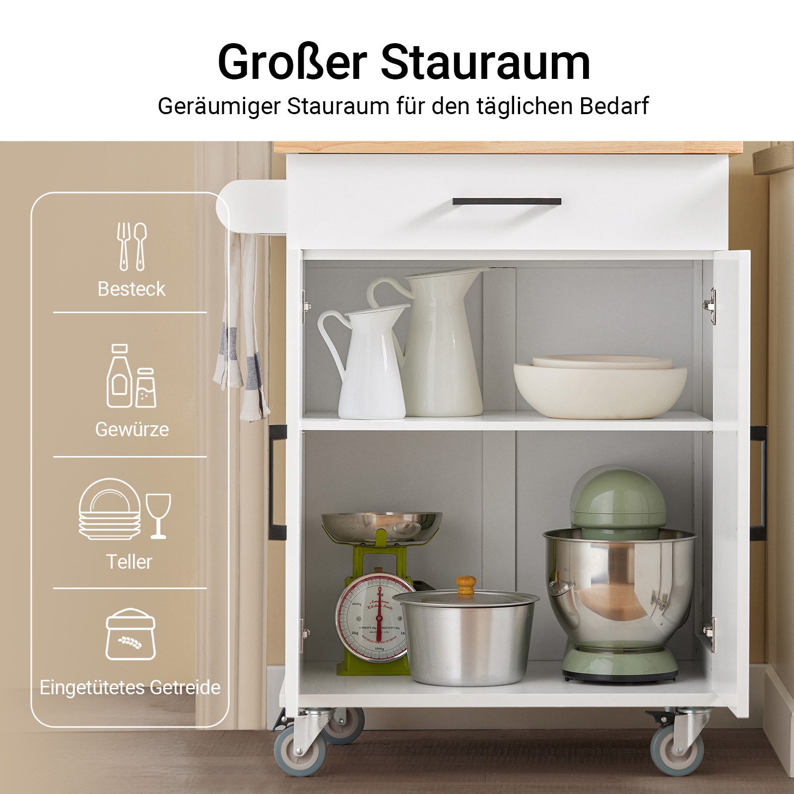 SoBuy Küchenwagen FKW119, Rollwagen Küche mit Stauraum, Küchenregal stehend, Küche, Servierwagen mit Arbeitsplatte Rollwagen Kücheninsel Küchenschrank