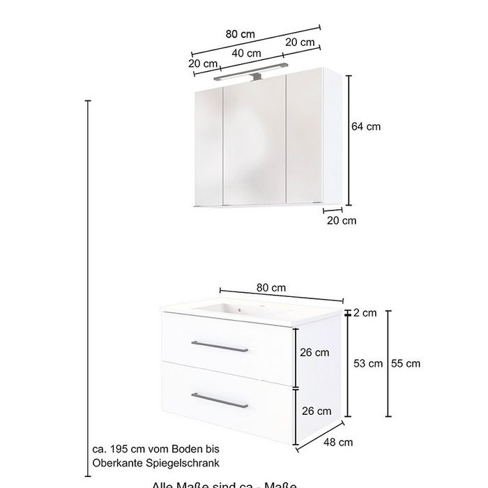 Lomadox Waschtisch-Set MANLY-03 (Spar-Set) inkl. LED Spiegelschrank und Waschbecken weiß 80/200/47 cm BQ10011