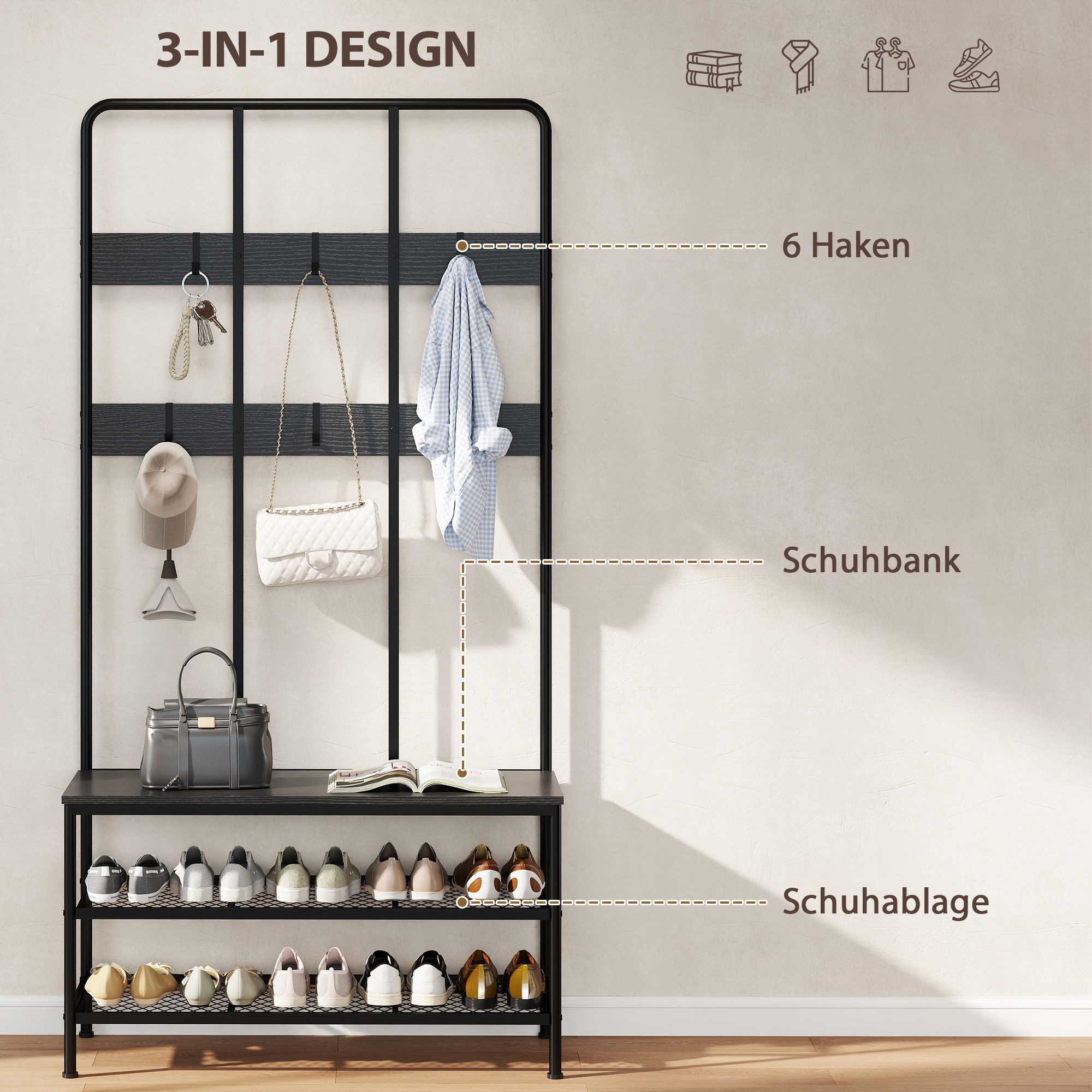 HOMCOM Garderobenständer Kleiderständer mit Schuhbank, Garderobe mit 6 Haken, (Jackenständer, 1 St., Garderobe), für Eingangsbereich, Flur, Schlafzimmer, Schwar – Bild 4 von 5