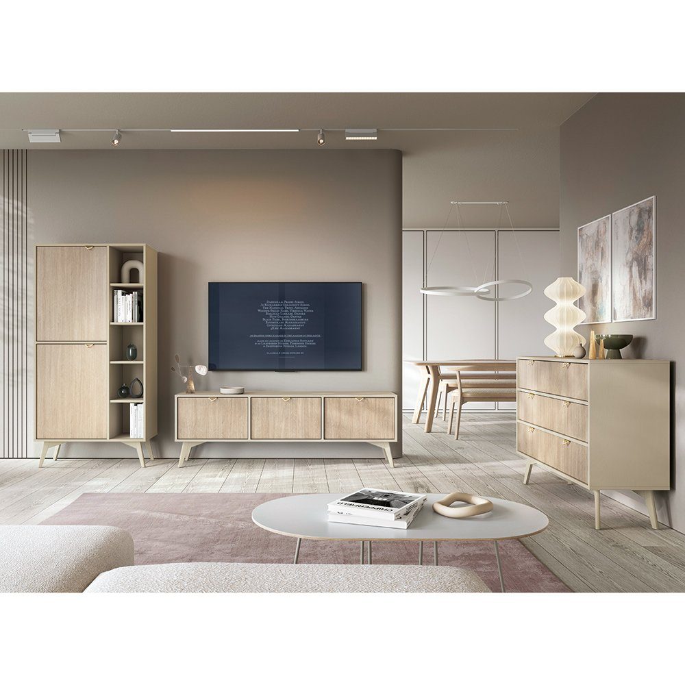 Lomadox Wohnzimmer-Set FAREHAM-160, (Mega-Spar-Set, 3-St., 3-tlg), sandfarben, Front mit Fischgrätenmuster