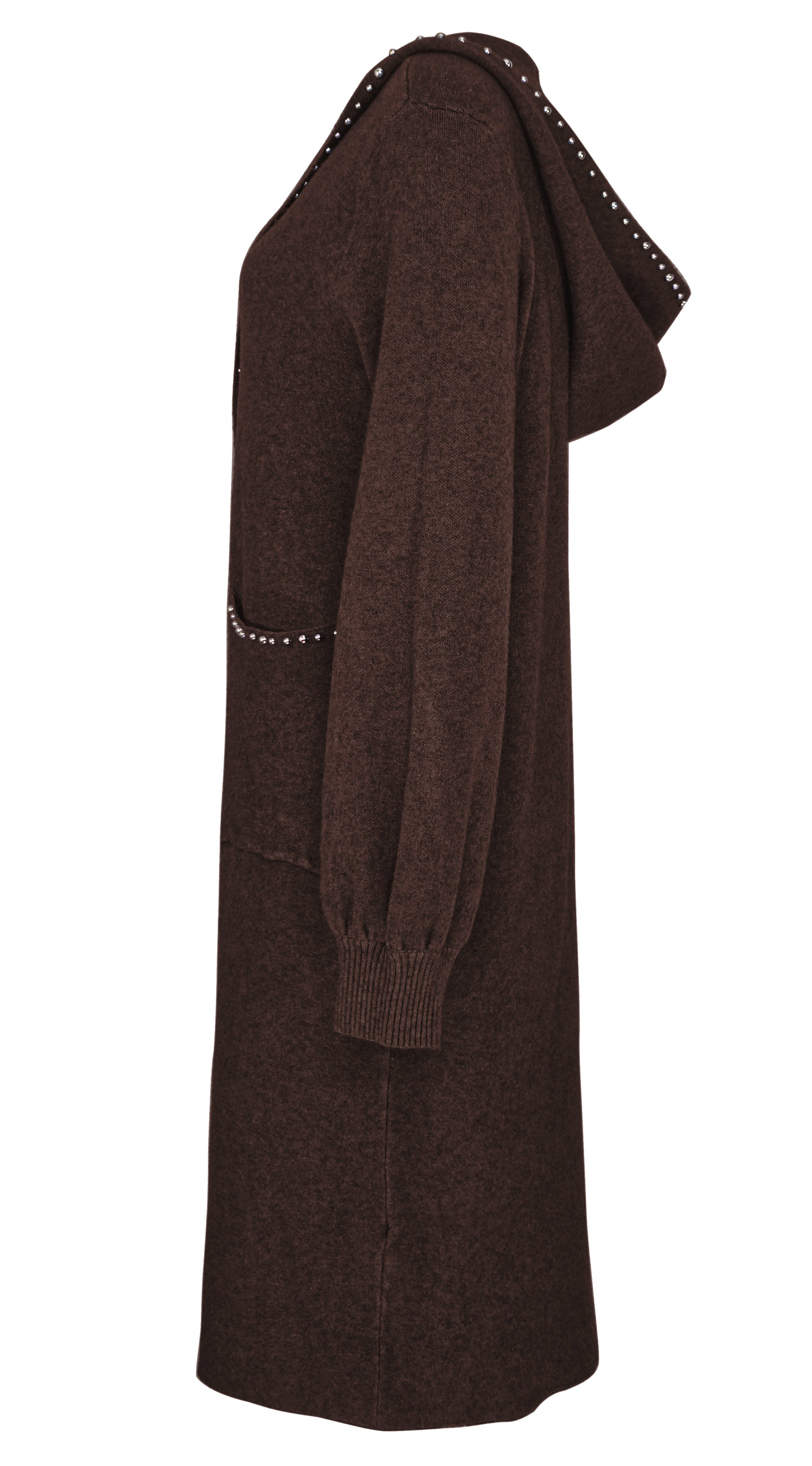 dy_mode Longstrickjacke Damen Strickmantel Langer Cardigan Strickjacke Strickcardigan Kapuze in Unifarbe, mit Kapuze und Ziernieten – Bild 2 von 5